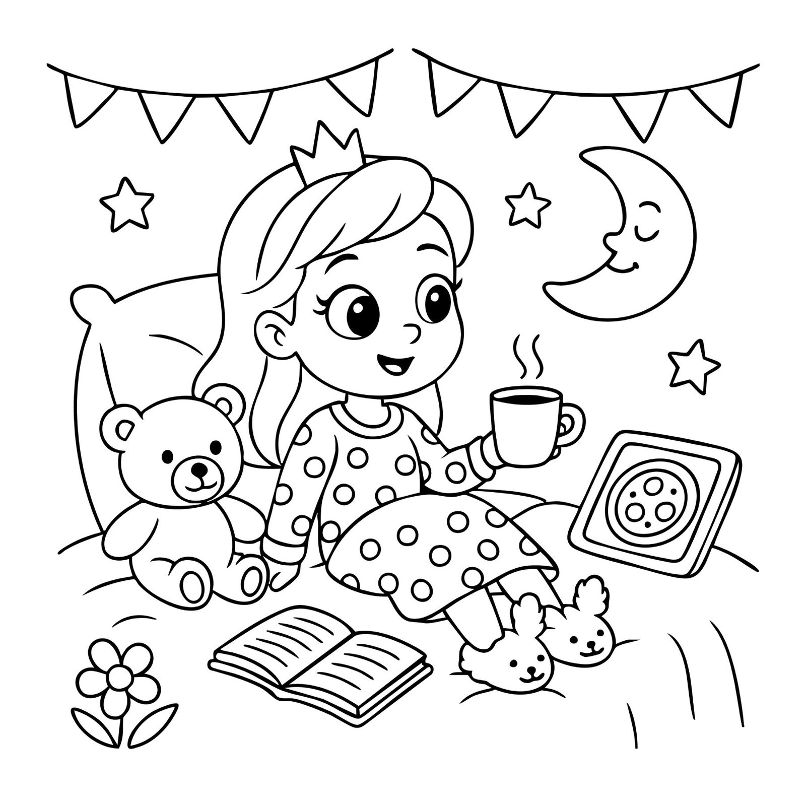 Cute princess coloring page of a girl in pajamas with teddy bear, slippers, book, and hot drink.