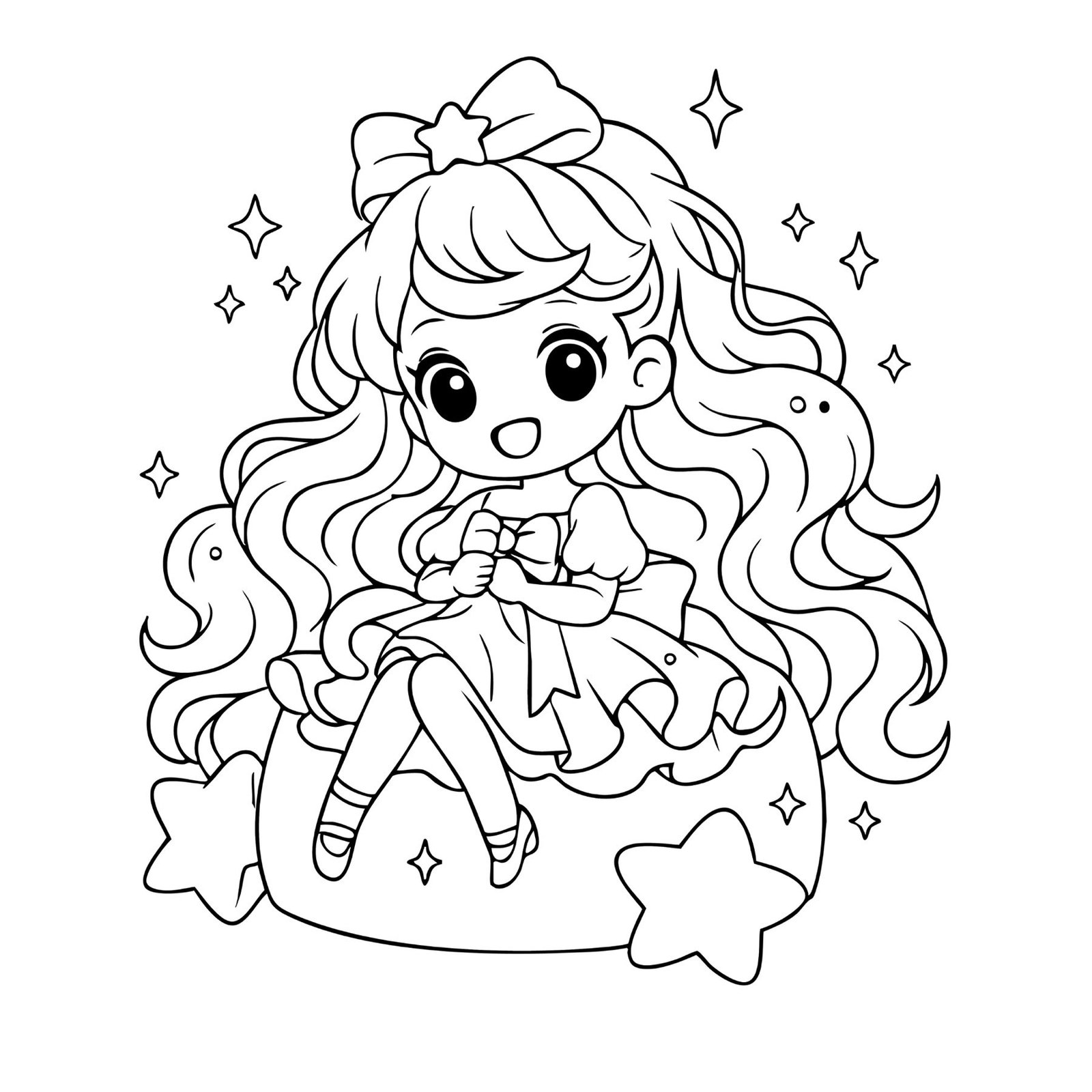 Cute princess coloring sheet with a kawaii girl in dress sitting on a star-shaped cushion.