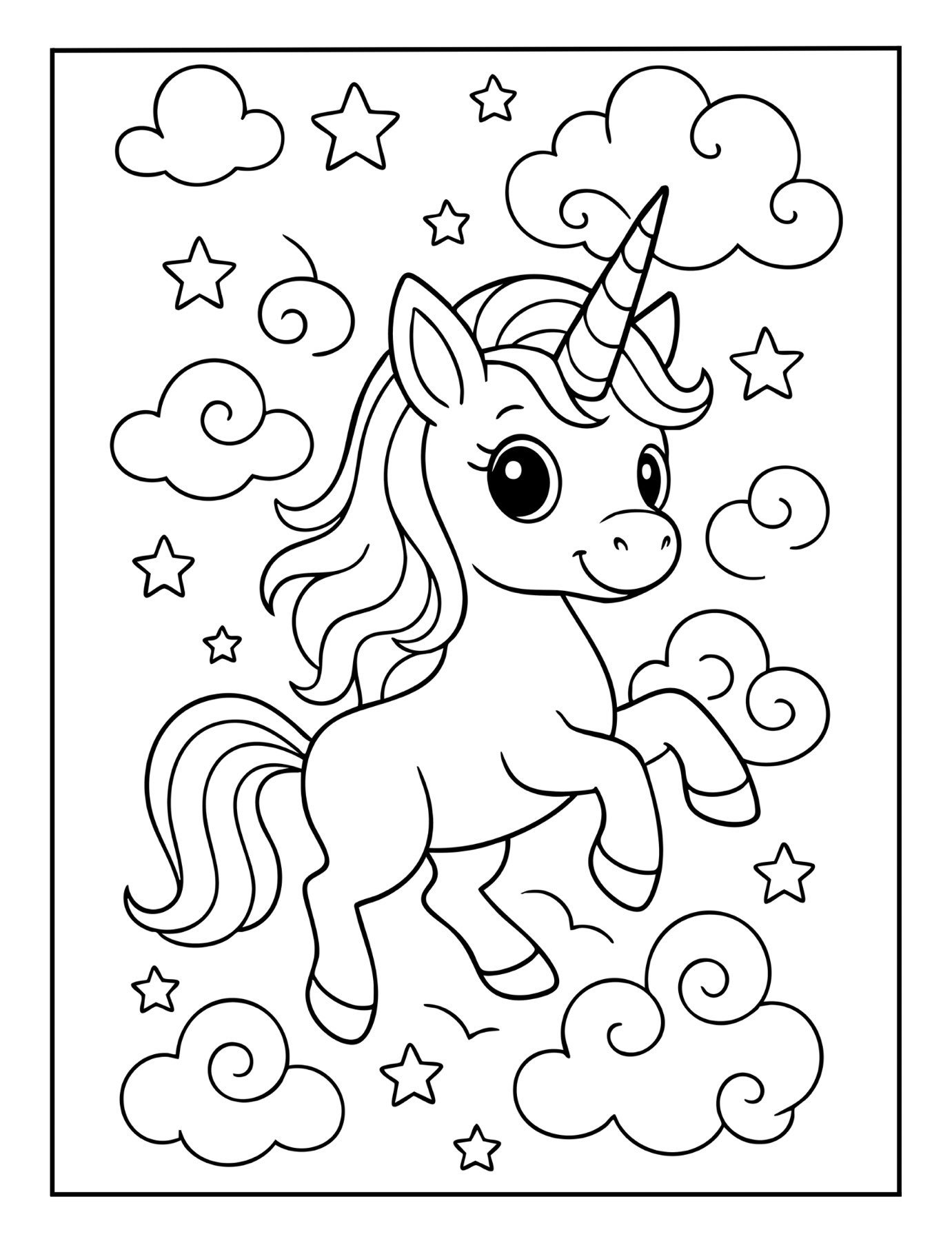 Beautiful unicorn coloring page of a unicorn surrounded by clouds and sparkling stars in the night sky.