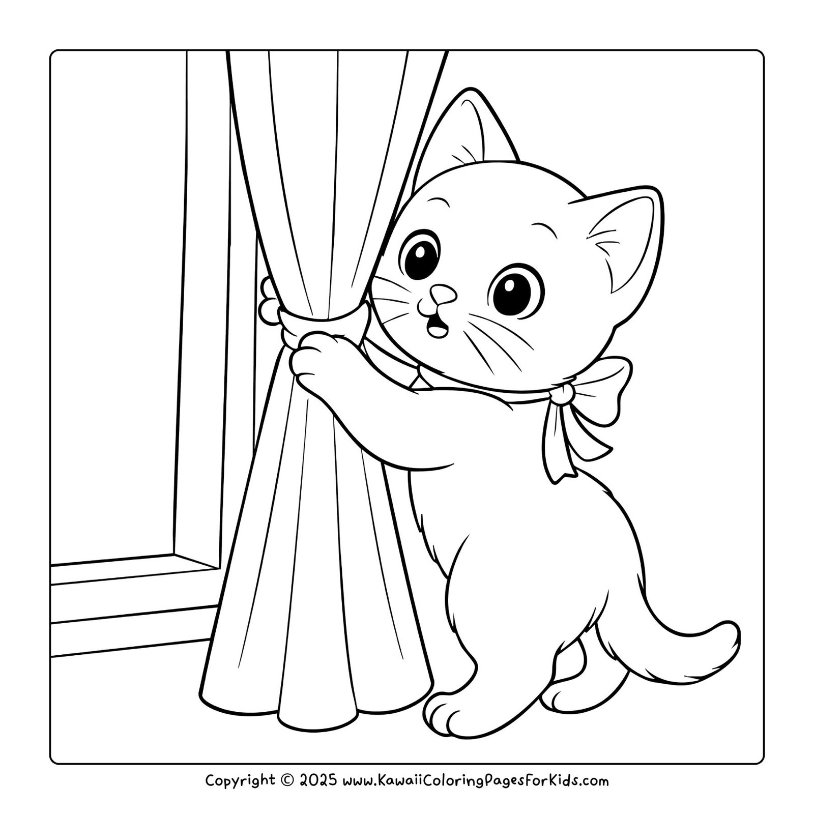 Cute kitten pulling a curtain while looking outside, indoor cat coloring page.