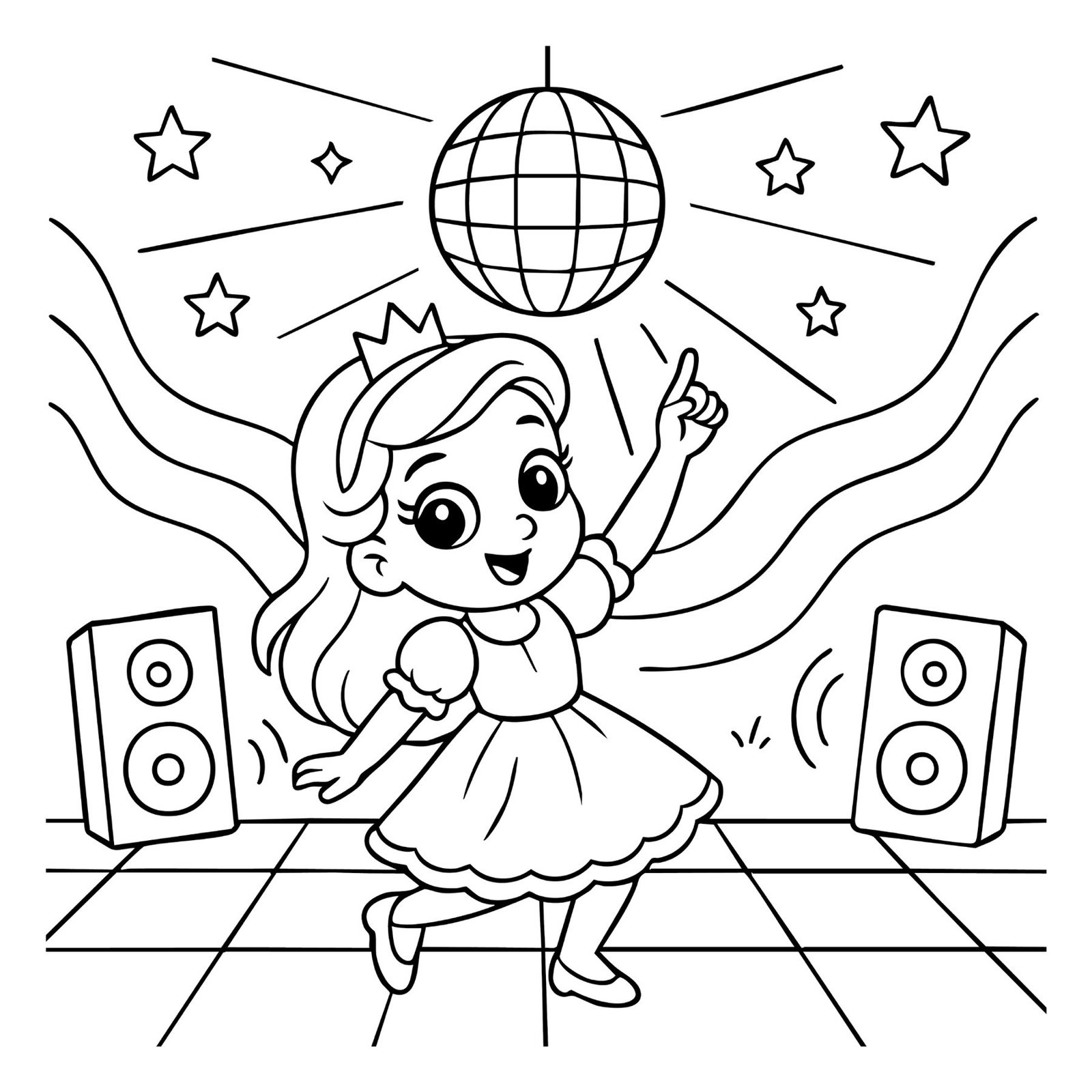 Fun princess colouring sheet of a girl dancing under disco ball with speakers and music stars.