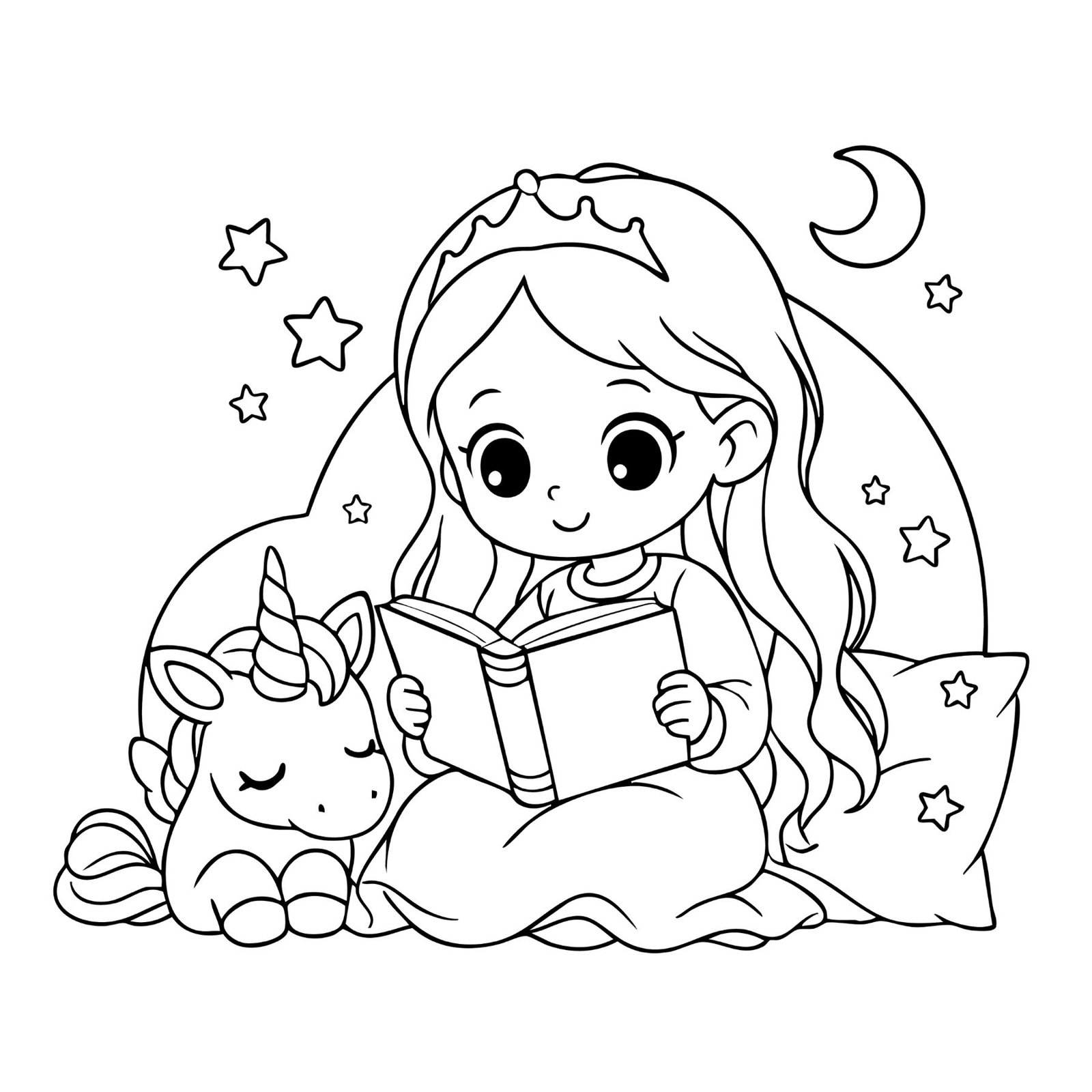 Free printable fairy tale coloring sheet of a kawaii princess reading with a unicorn.