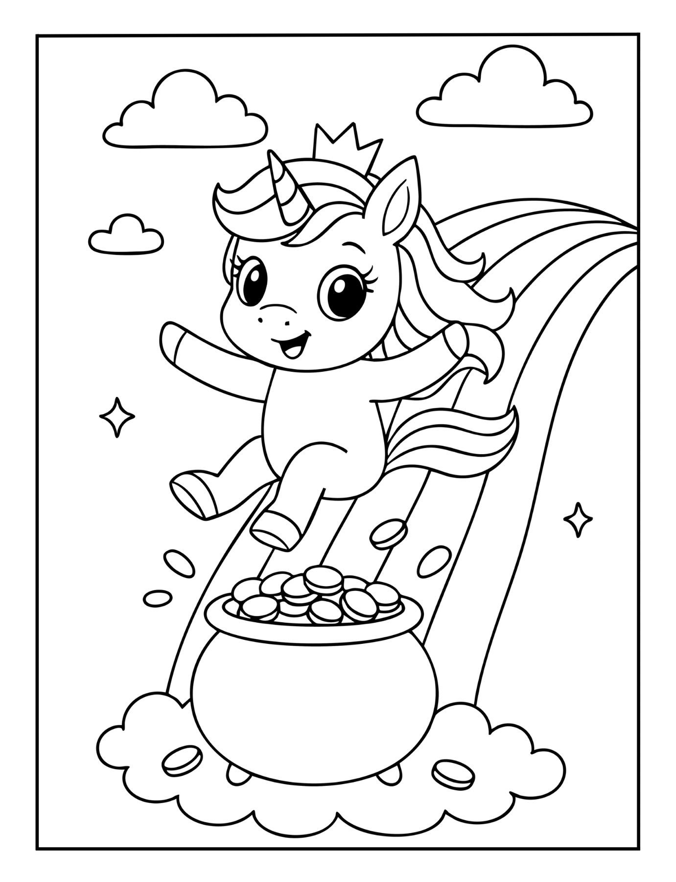 Magical unicorn coloring page of a unicorn sliding down a rainbow into a pot of gold coins.