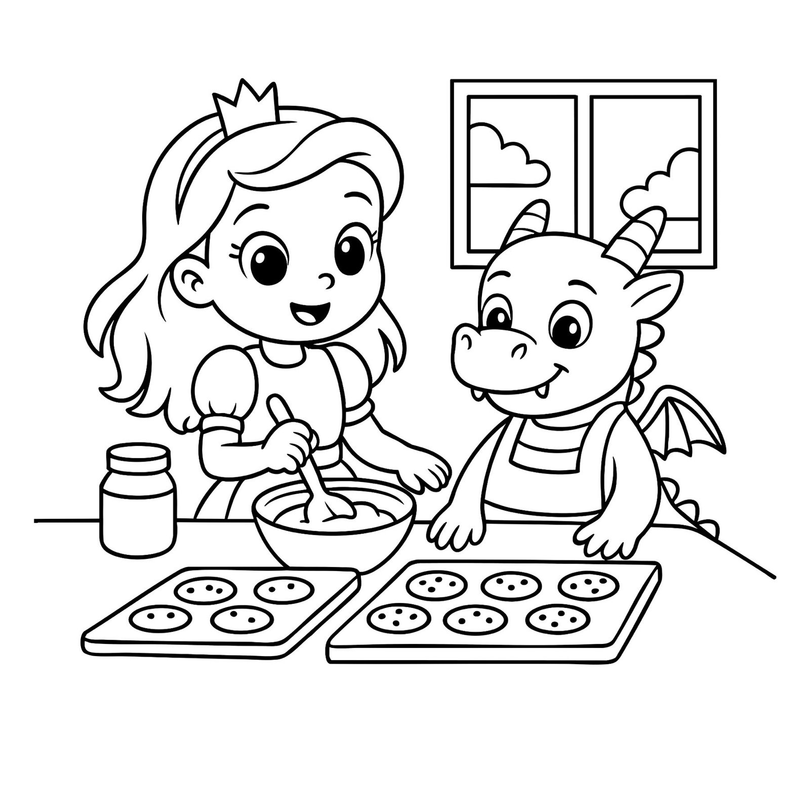 Cute princess coloring page of a girl and baby dragon baking cookies together in the kitchen.