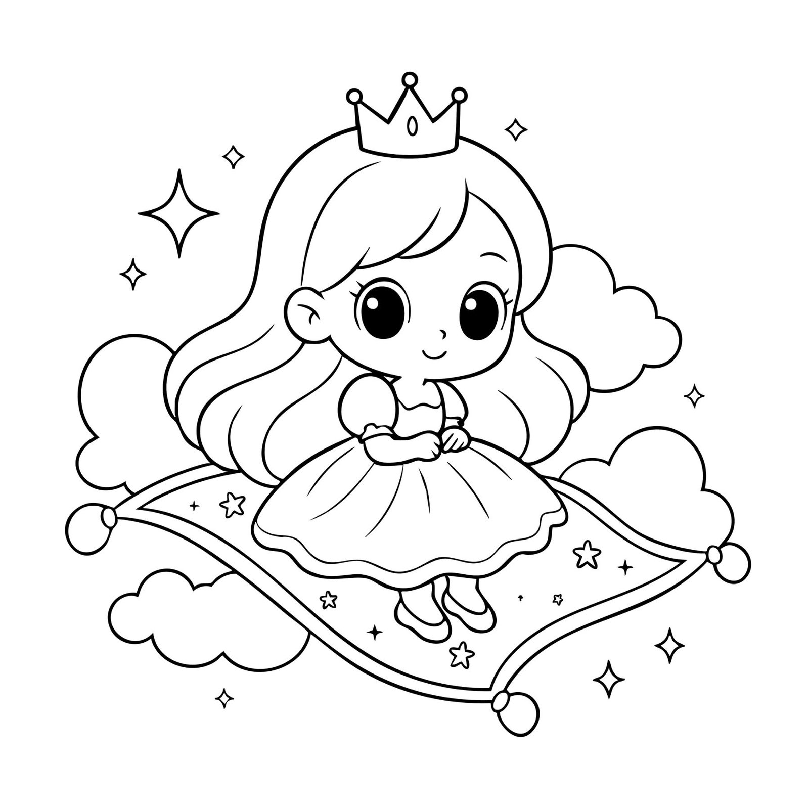 Printable princess coloring page with a girl in crown riding a magic carpet among stars.