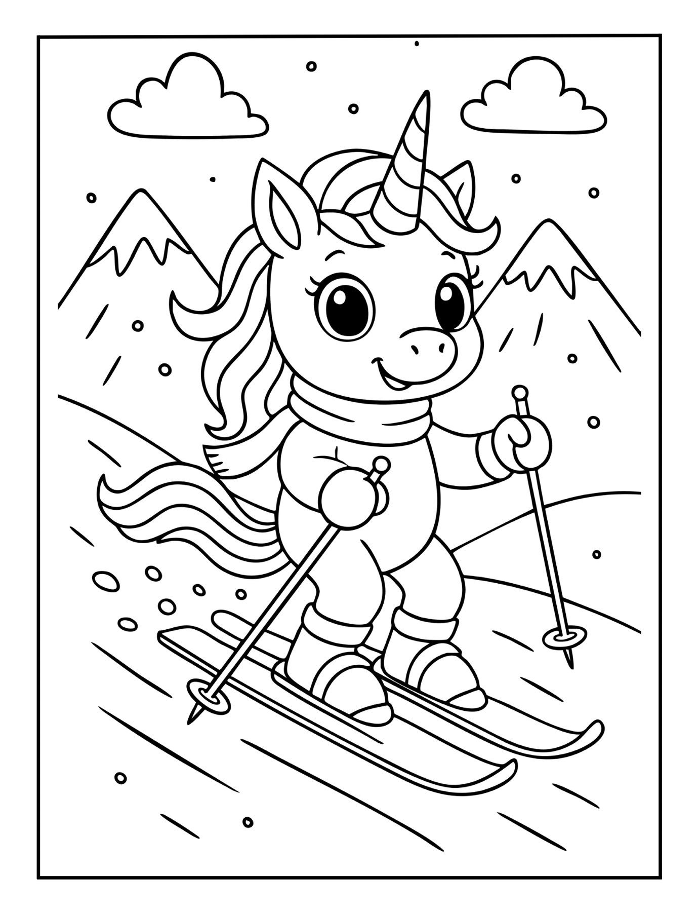 Cute unicorn coloring page of a unicorn skiing down snowy mountains with scarf and ski poles.