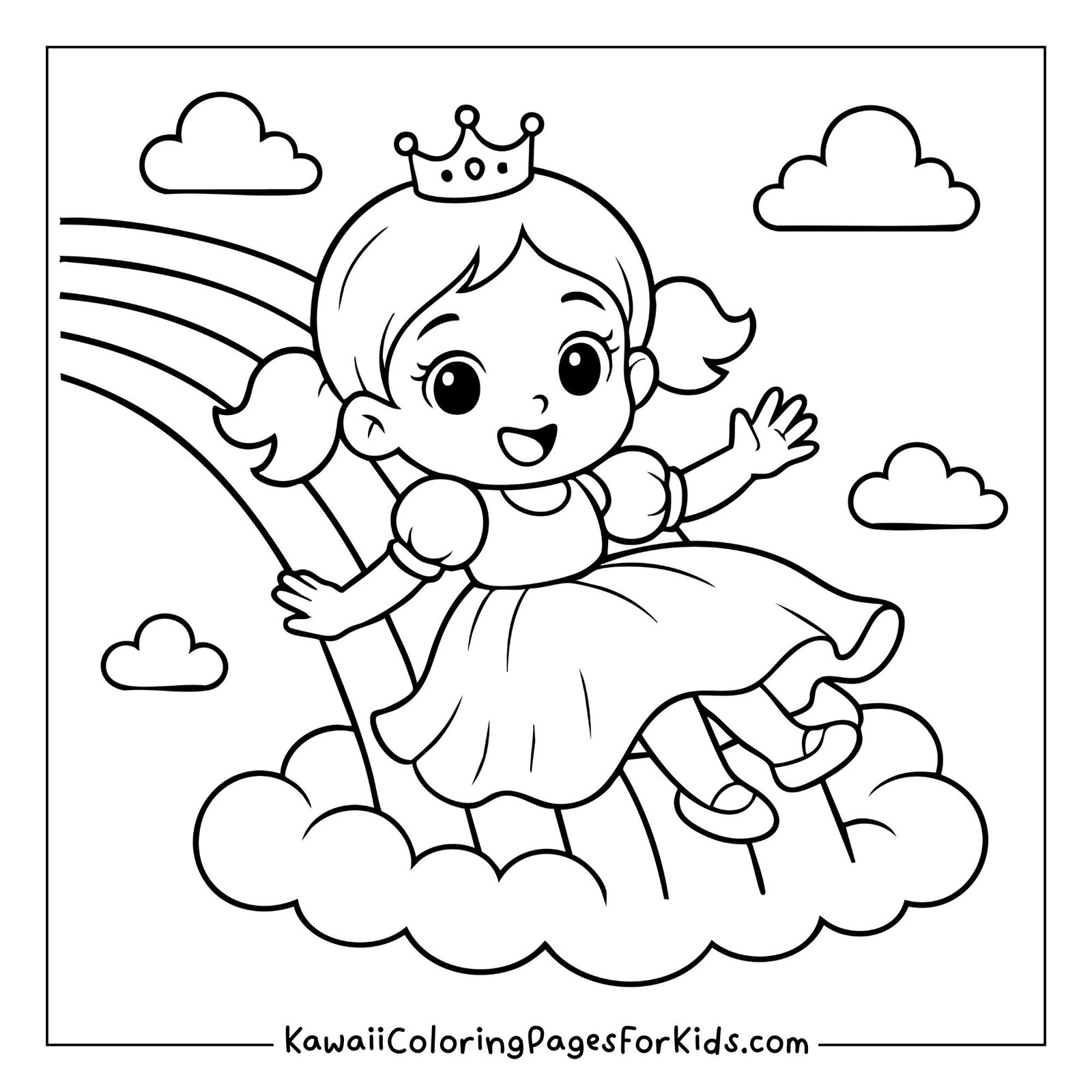 Smiling princess sitting on rainbow with clouds in background, kawaii coloring sheet.