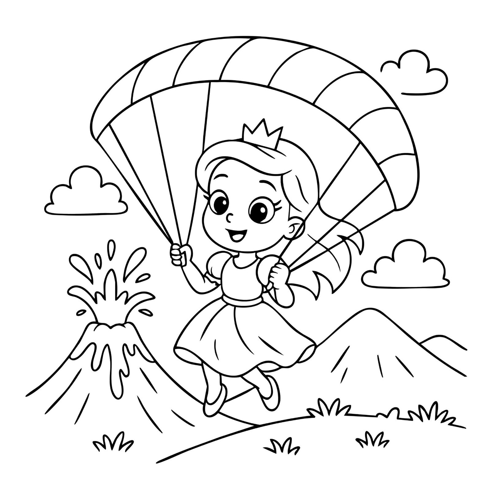 Fun princess colouring sheet of a kawaii girl parachuting near a volcano and mountains.