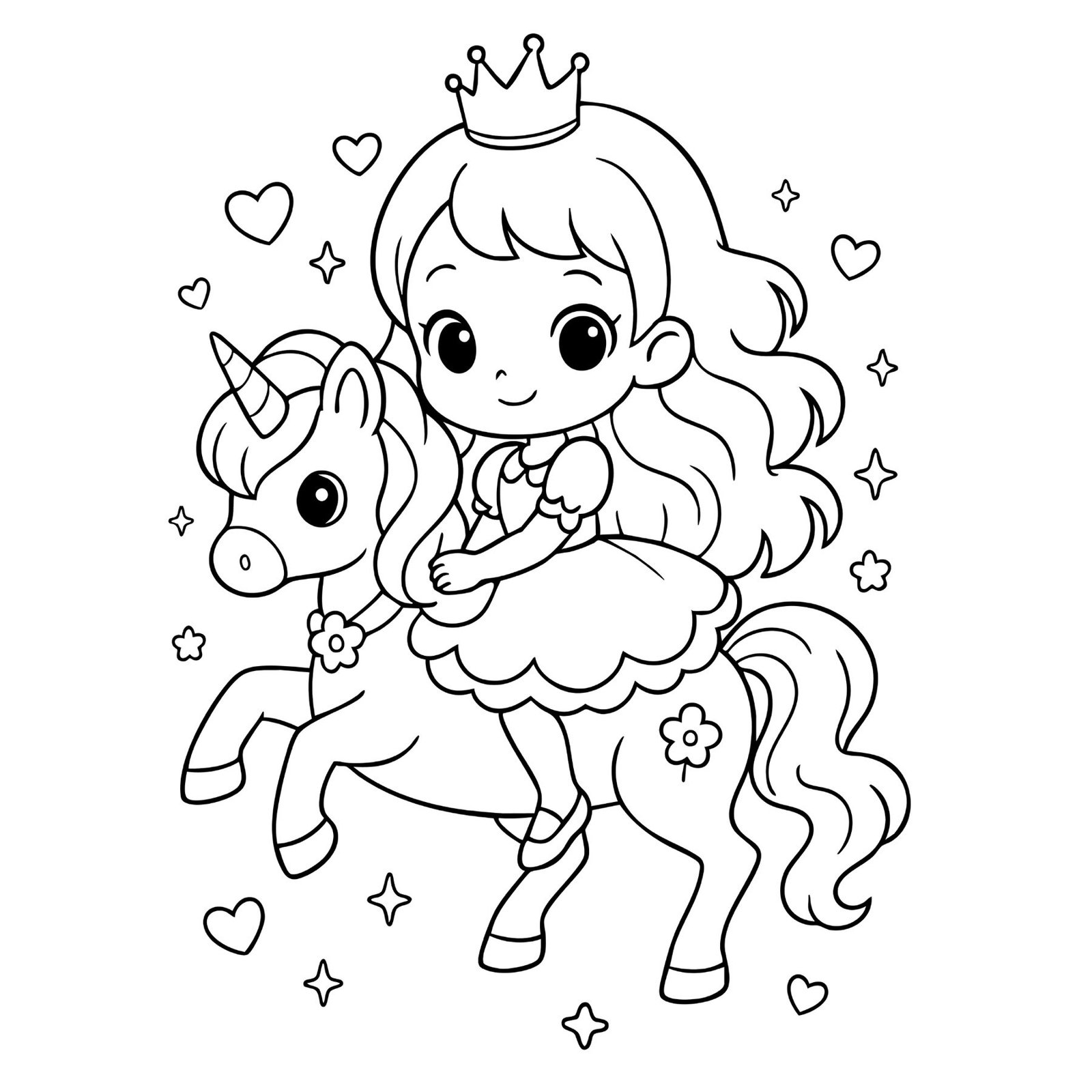 Adorable coloring sheet showing a kawaii princess on her unicorn.