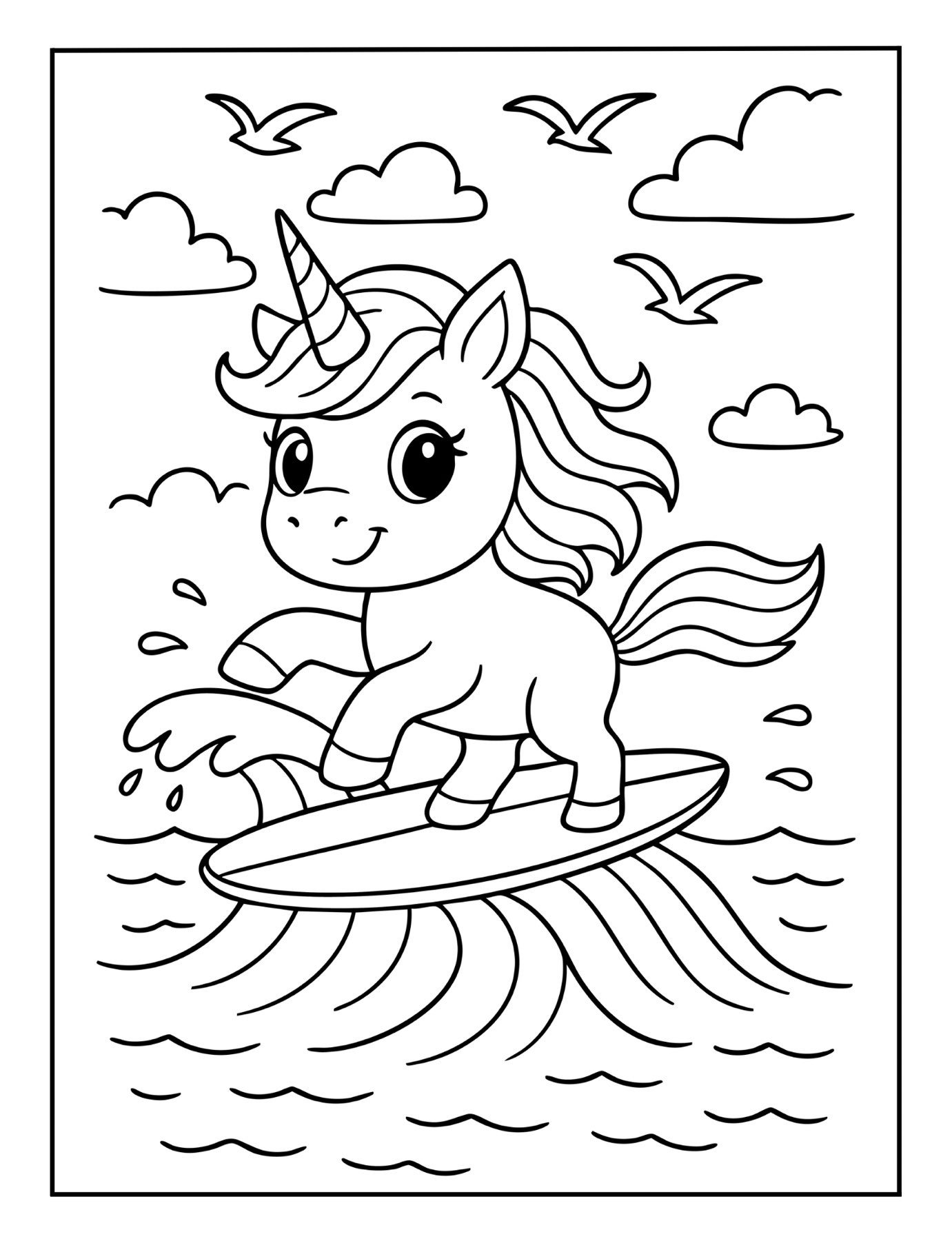 Fun unicorn coloring page of a unicorn surfing waves in the ocean with birds in the sky.