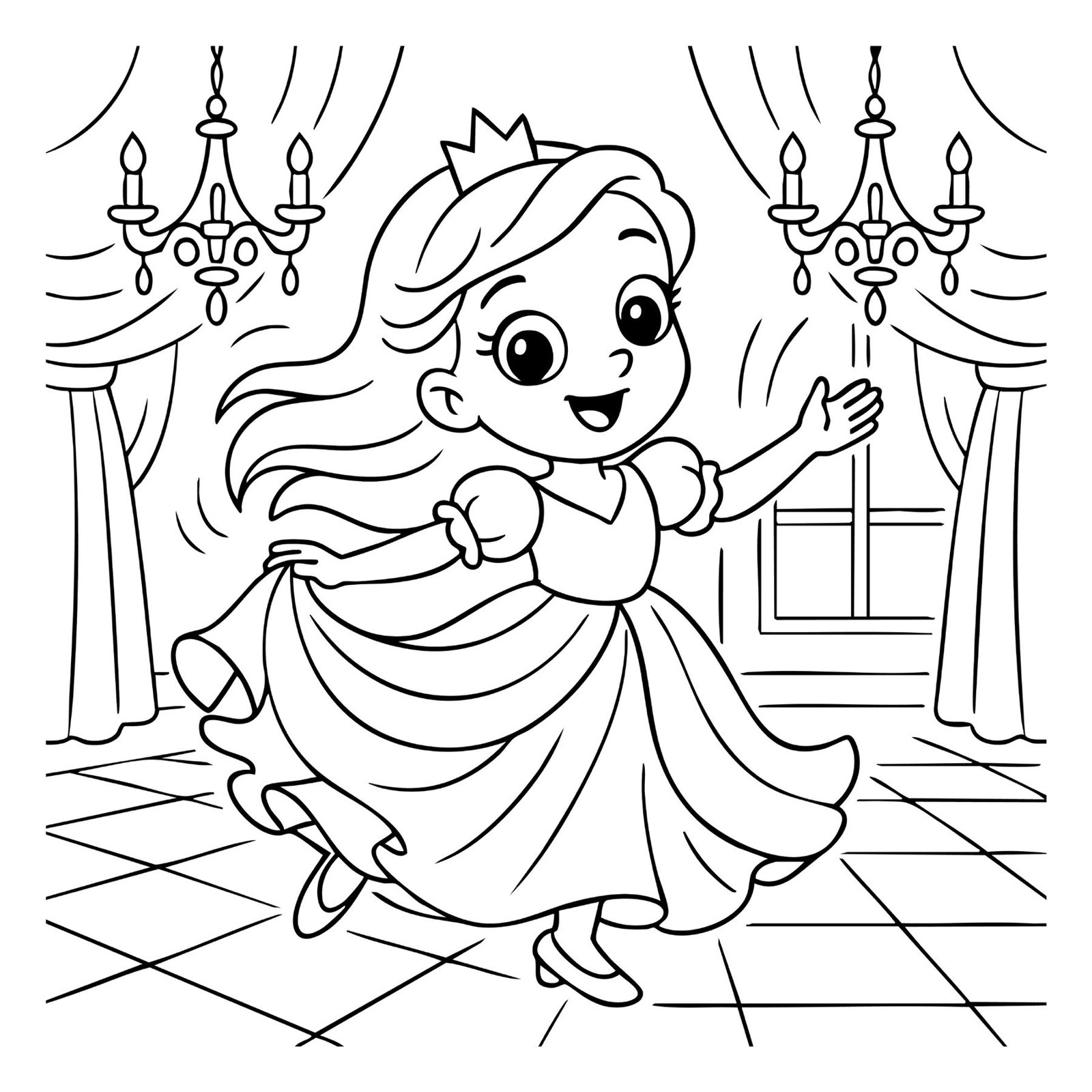 Adorable princess coloring page of a girl dancing in a gown inside a grand ballroom with chandeliers.