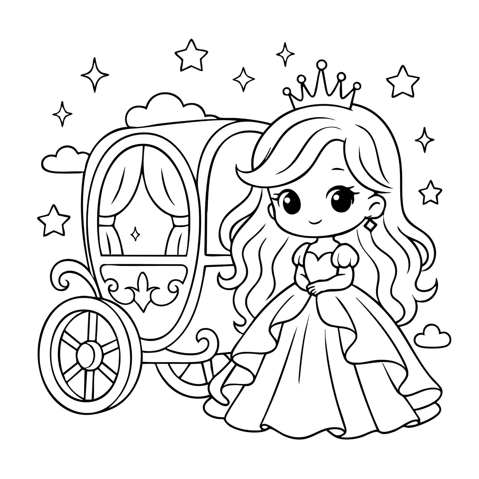Fairy tale coloring page of a kawaii princess beside a carriage under twinkling stars.