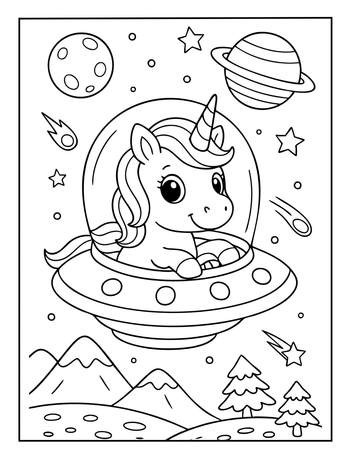 Adorable unicorn coloring page of a unicorn inside a UFO flying past planets, stars, and comets.