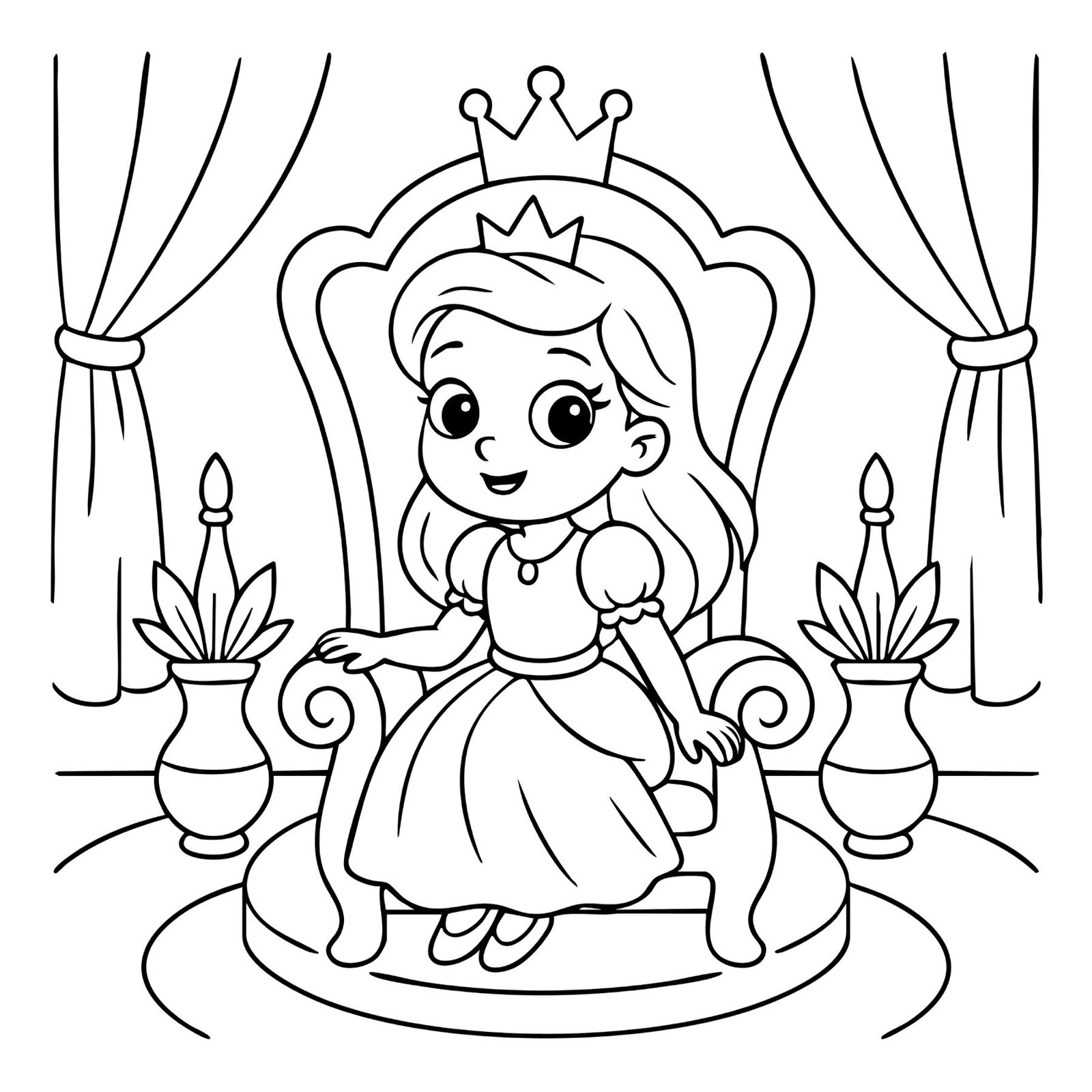 Cute princess colouring sheet showing a girl in gown and crown sitting proudly on a royal throne.