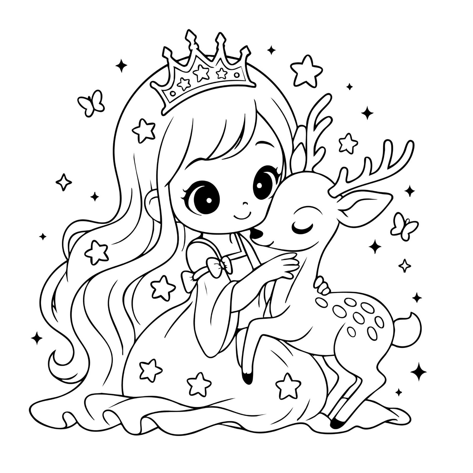 Free printable coloring sheet with a princess in gown cuddling a deer under stars.