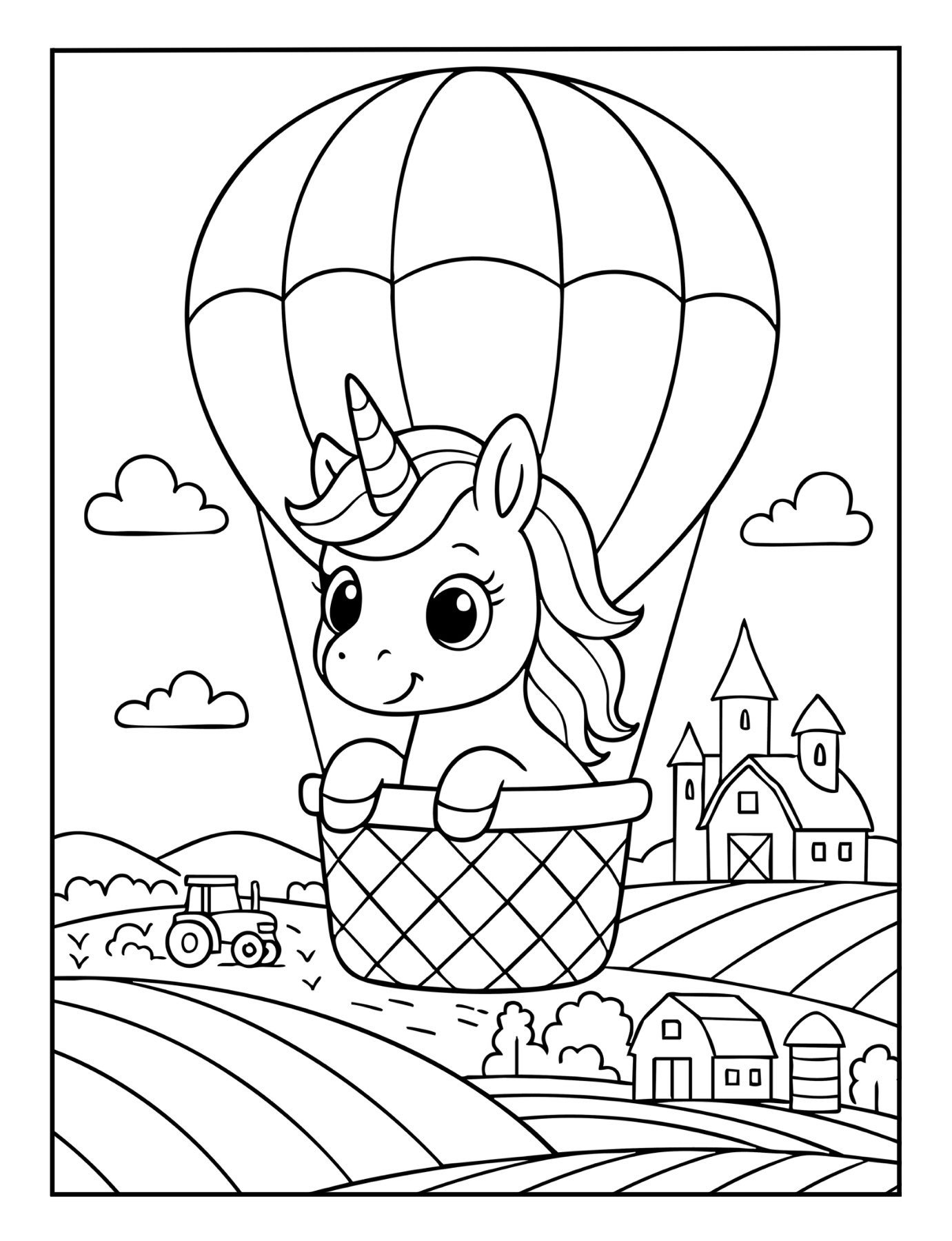 Printable unicorn coloring page of a unicorn riding in a hot air balloon above fields and farms.