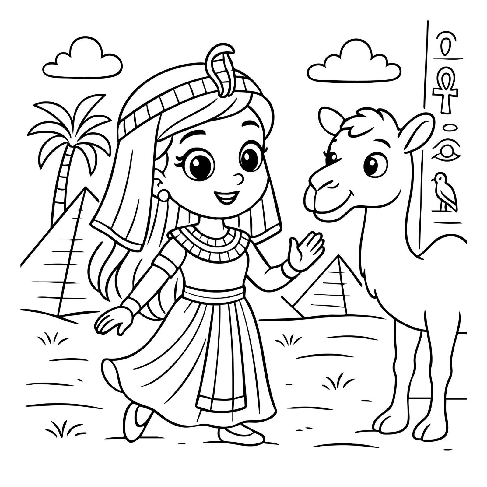 Fun princess coloring page of a girl in Egyptian dress standing with a camel near pyramids.