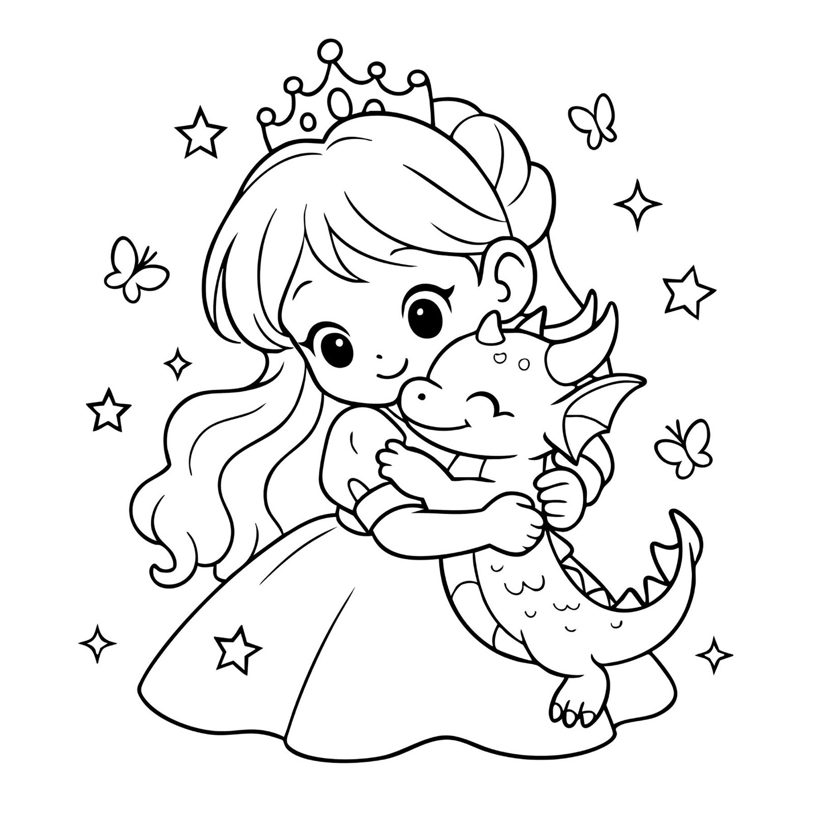 Fairy tale princess coloring sheet showing a kawaii girl with crown holding a dragon.