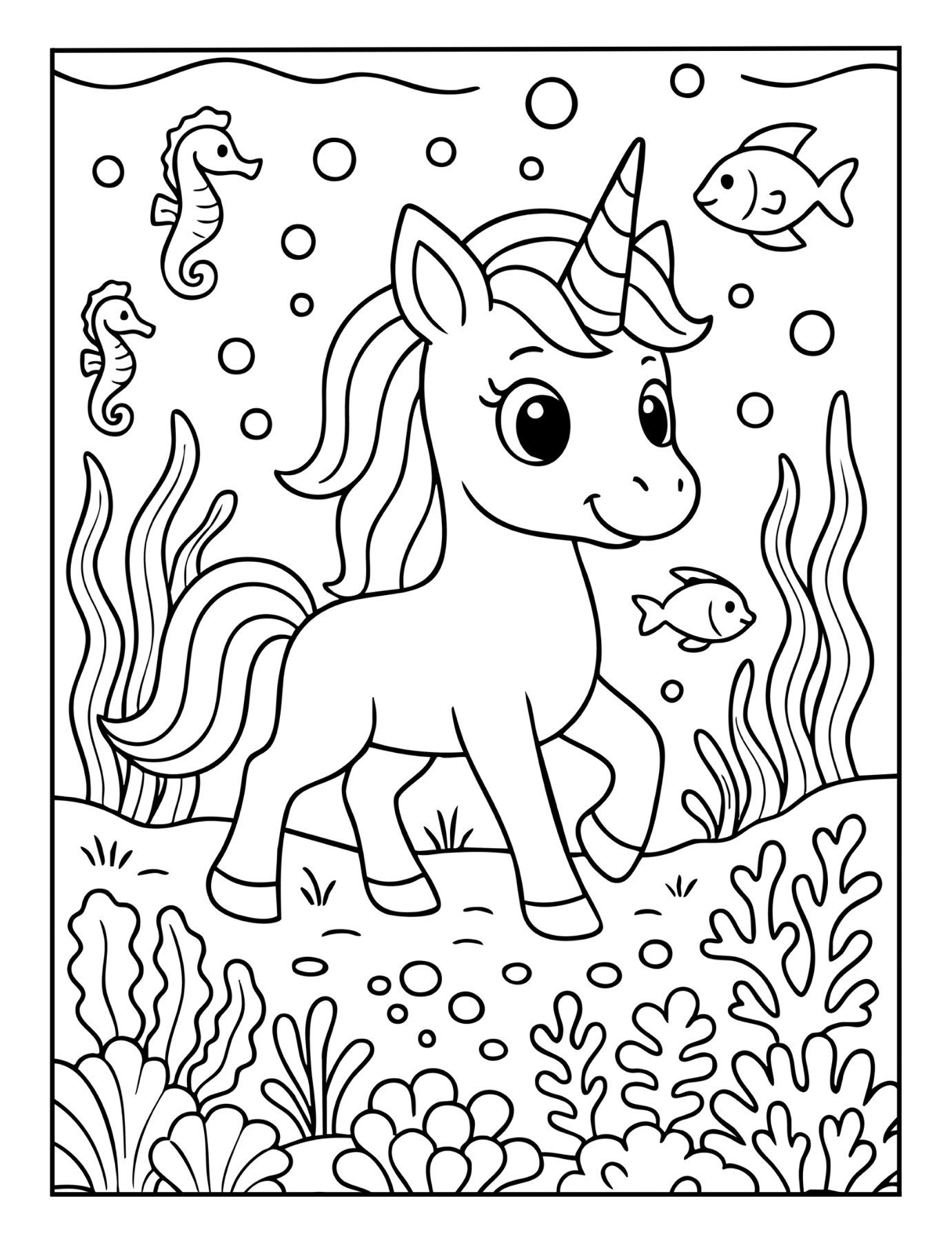 Magical unicorn coloring page of a unicorn walking under the sea with fish, seaweed, and seahorses.