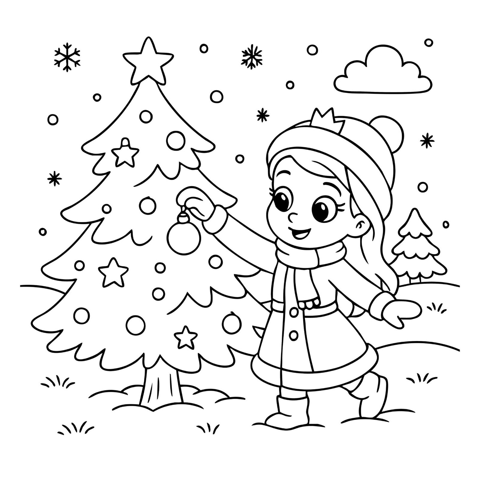 Adorable princess colouring sheet of a girl in winter outfit and crown decorating a Christmas tree.