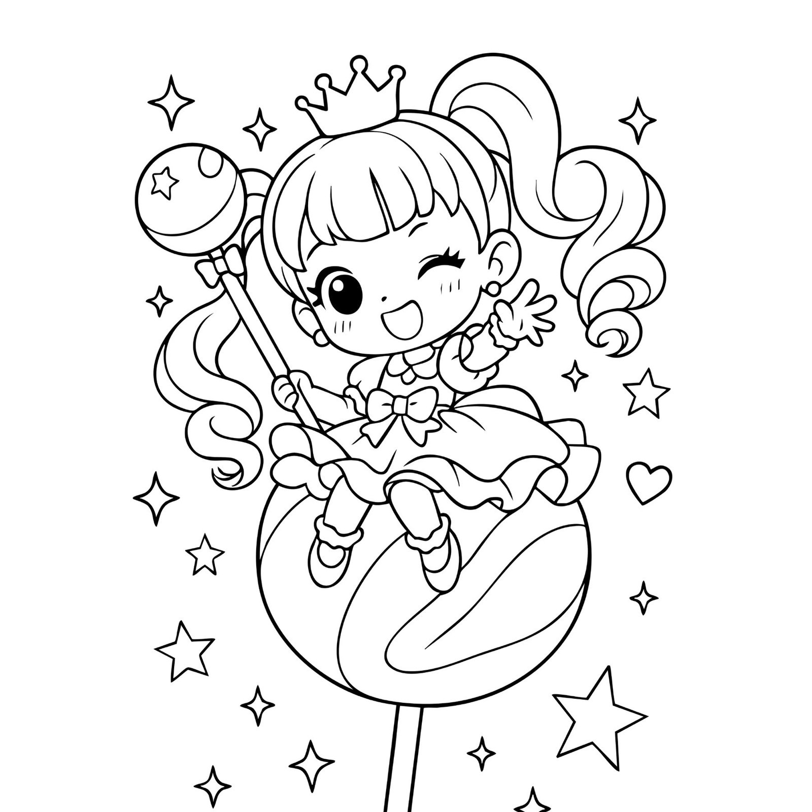 Printable kawaii princess coloring sheet of a girl on a candy lollipop surrounded by sparkles.