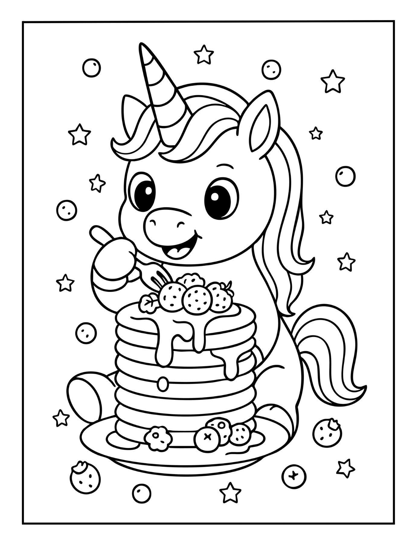 Cute unicorn coloring page of a unicorn enjoying a stack of pancakes topped with strawberries and syrup.