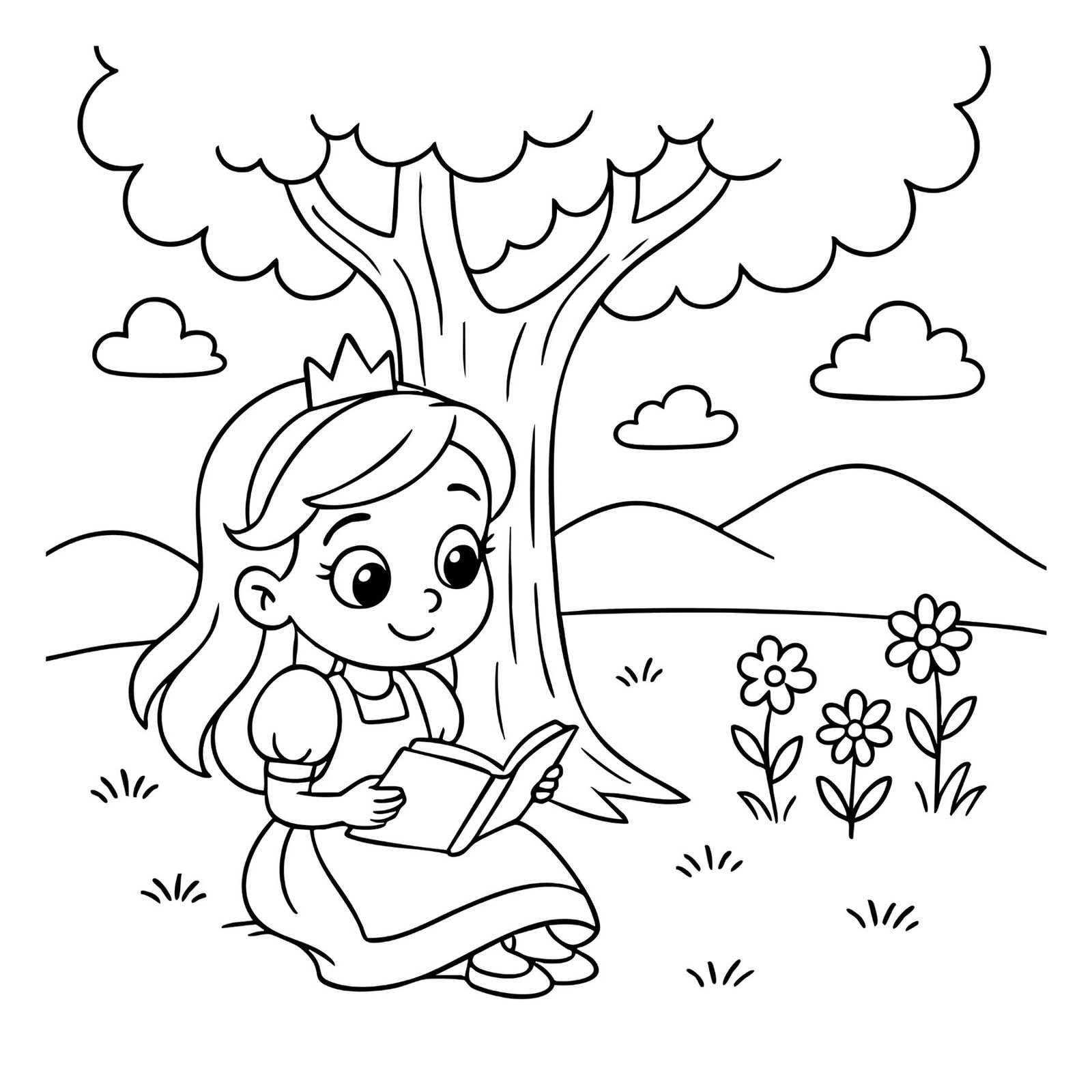 Cute princess coloring page of a girl in crown reading a book under a tree with flowers.