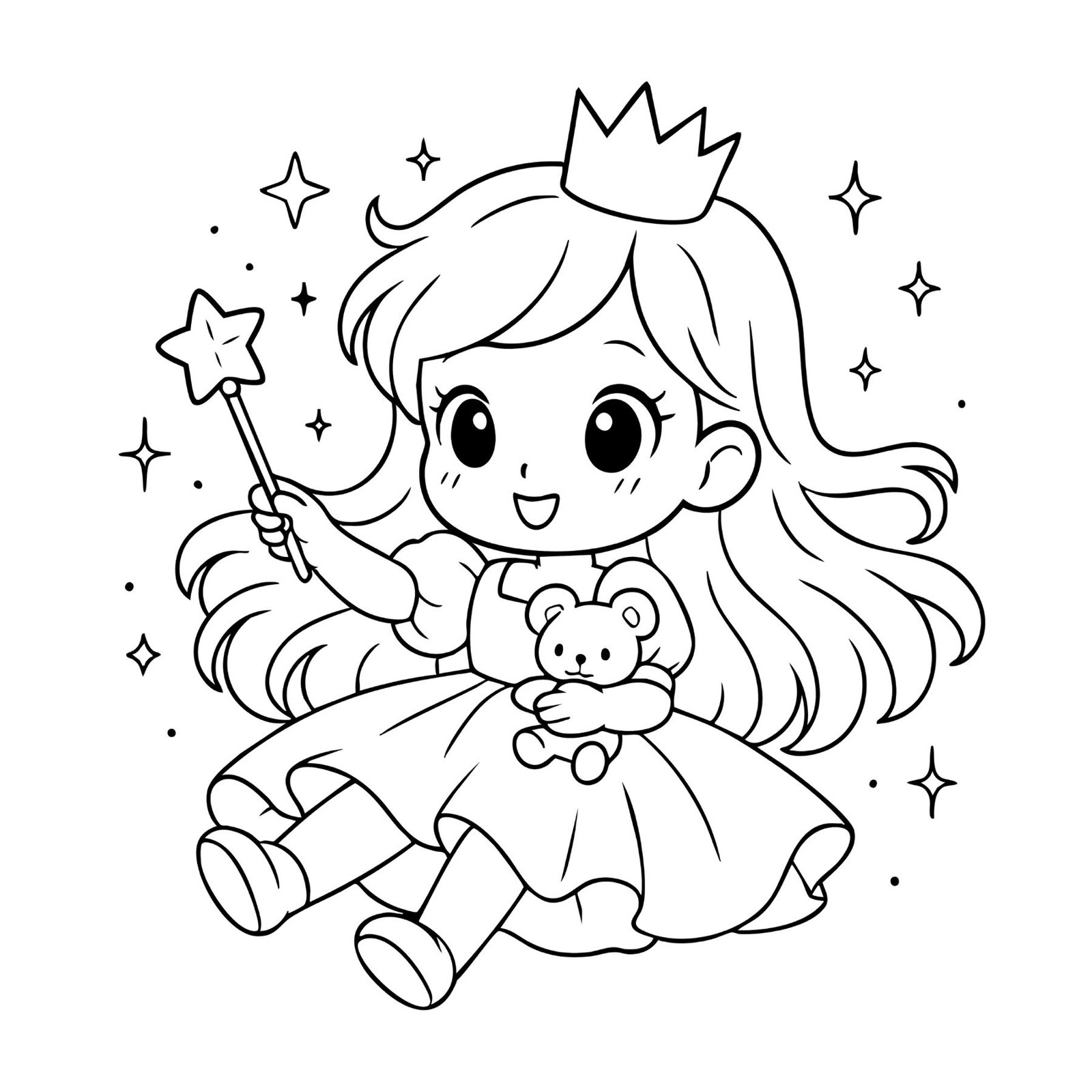 Free printable coloring sheet of a princess with teddy bear and star wand.