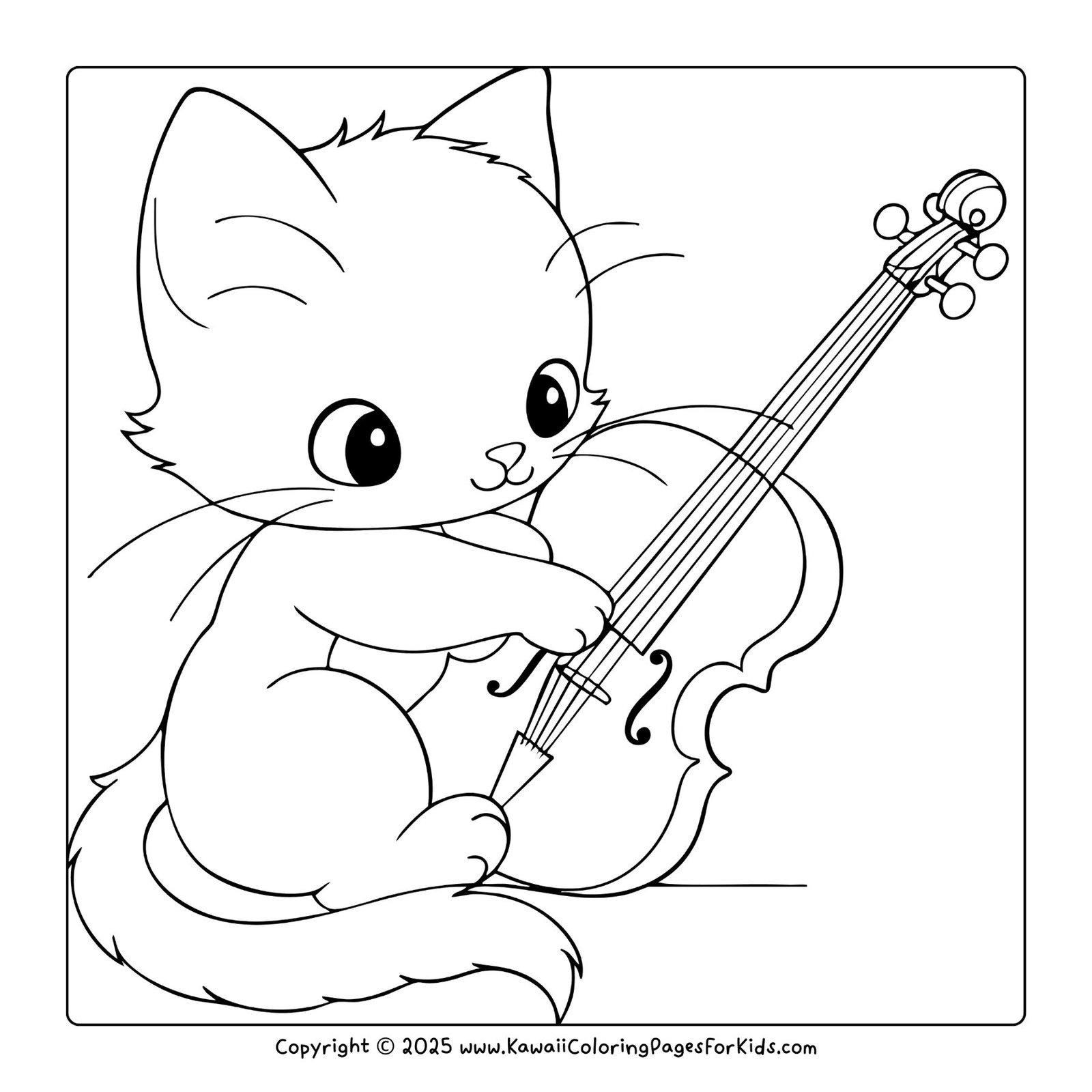 Adorable kitten playing a violin, music-themed kitten coloring page printable.