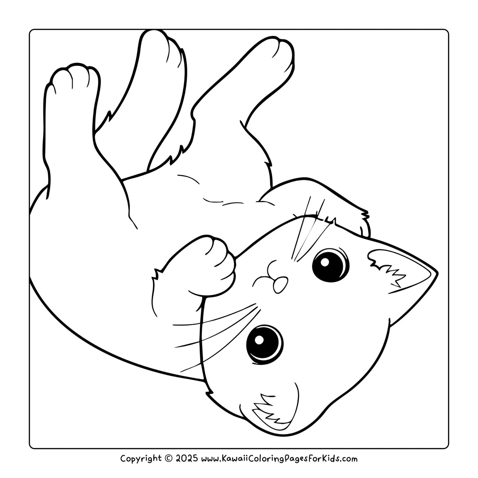 Printable cat coloring page – kawaii kitten lying upside down playfully, fun free download PDF coloring sheet.