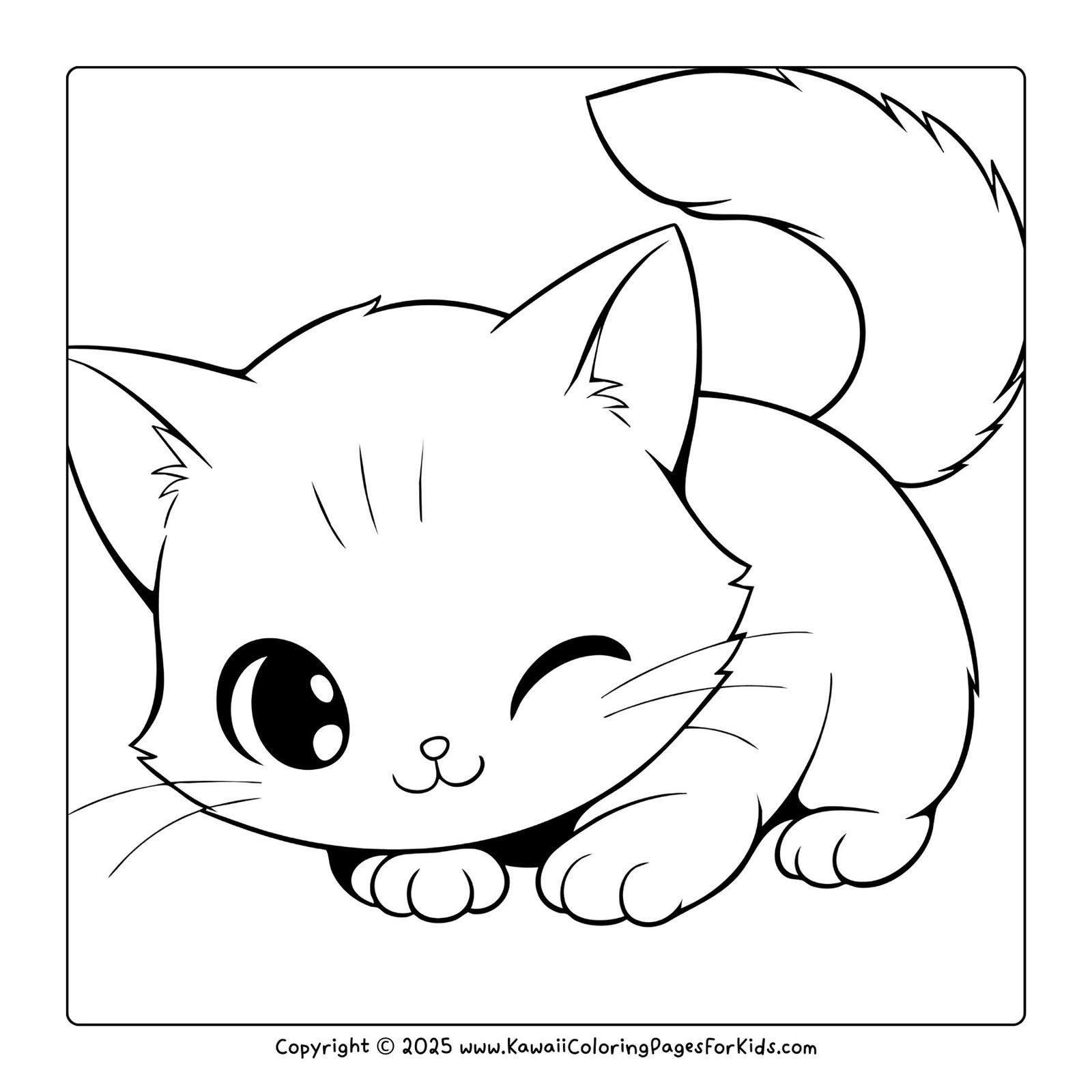 Free coloring page of a kawaii cat winking playfully, available as a printable PDF download for children.