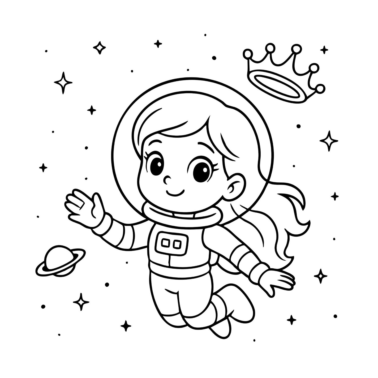 Adorable coloring page of a kawaii princess in astronaut outfit floating in space with stars.