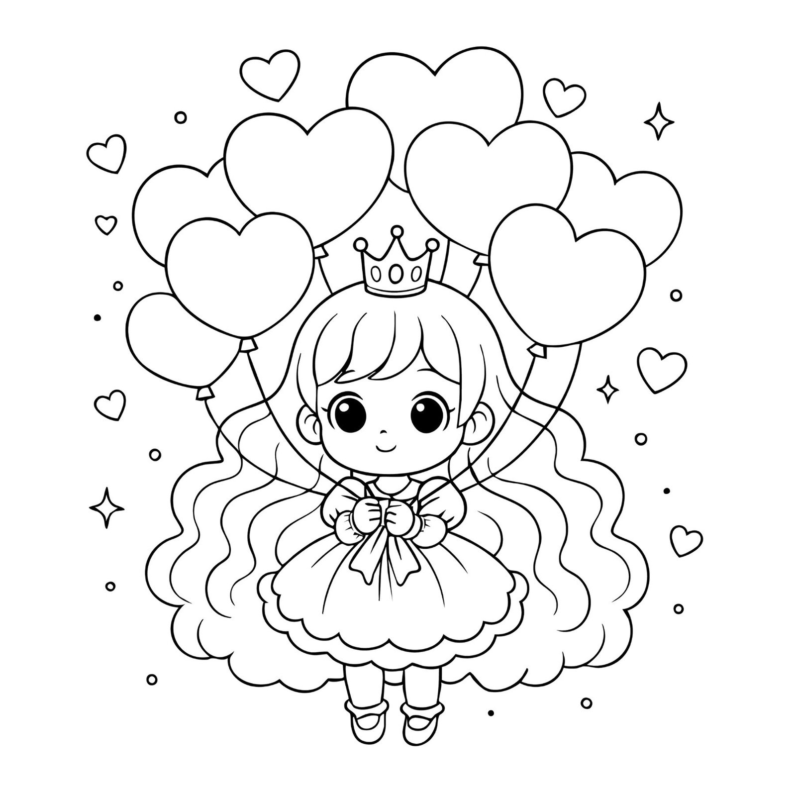 Free printable princess coloring sheet of a little girl in a gown and crown holding heart balloons.