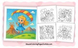 A set of cute coloring pages featuring a princess doing various activities, including parachuting near a volcano, holding balloons, riding an elephant, standing with another princess, and riding in a hot air balloon.