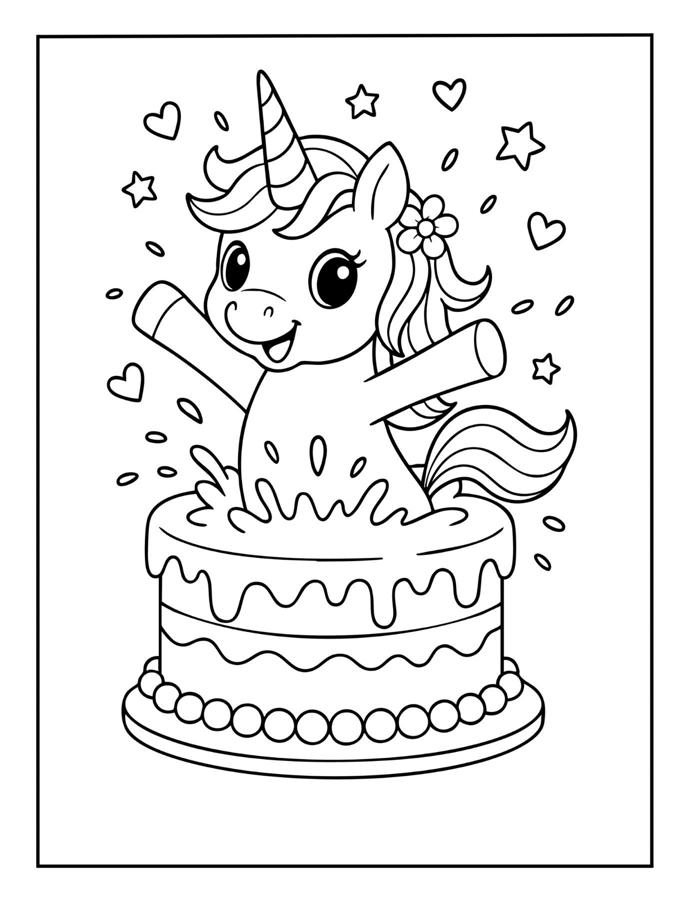 Fun unicorn coloring page of a unicorn joyfully popping out of a big decorated cake with hearts and stars.