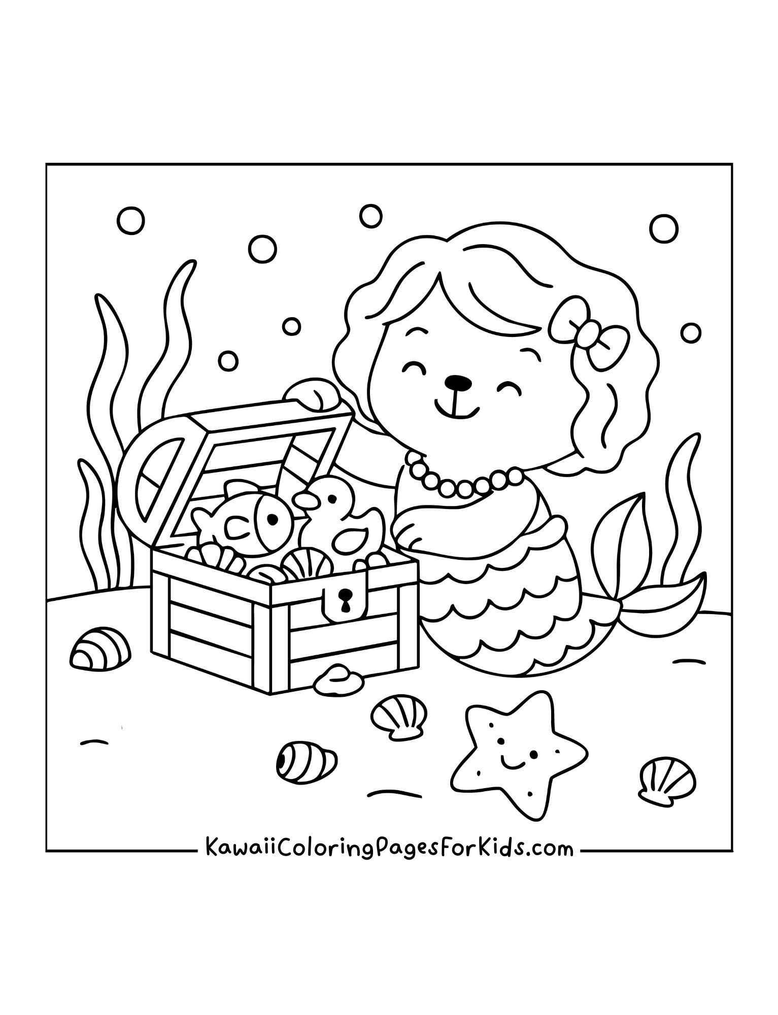 Mermaid bear sitting beside treasure chest filled with pearls and fish, with seaweed and shells around.