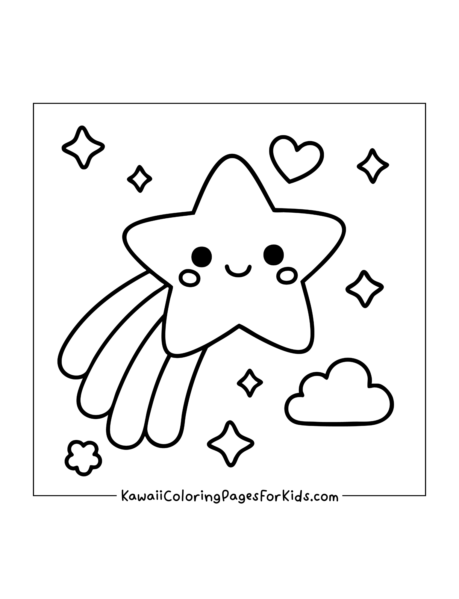 Happy star with trailing lines shooting across the sky with clouds and twinkling stars.