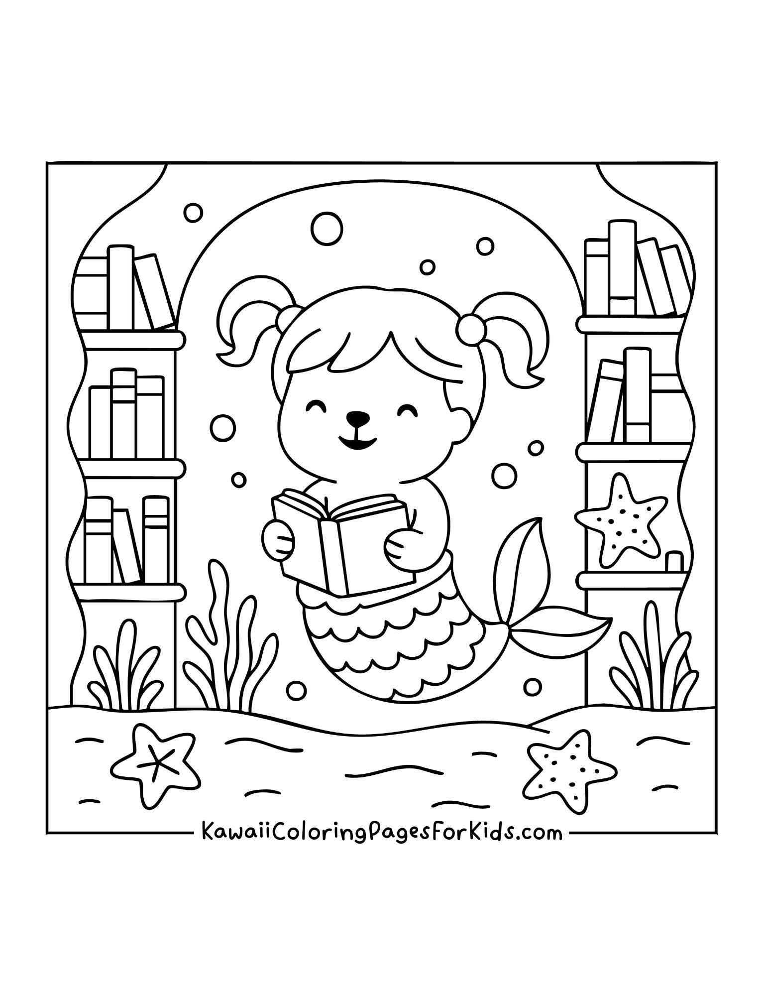 Mermaid bear with pigtails holding a book, sitting between underwater bookshelves with starfish.