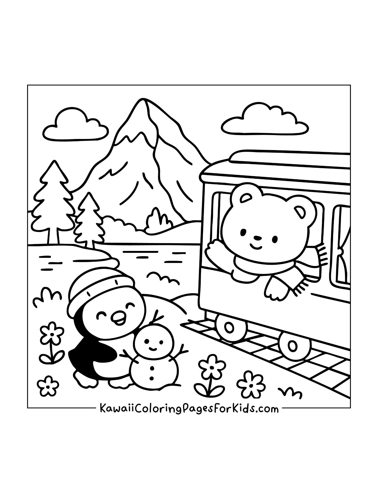 Bear waving from train window while penguin builds a snowman in front of snowy mountains and pine trees.