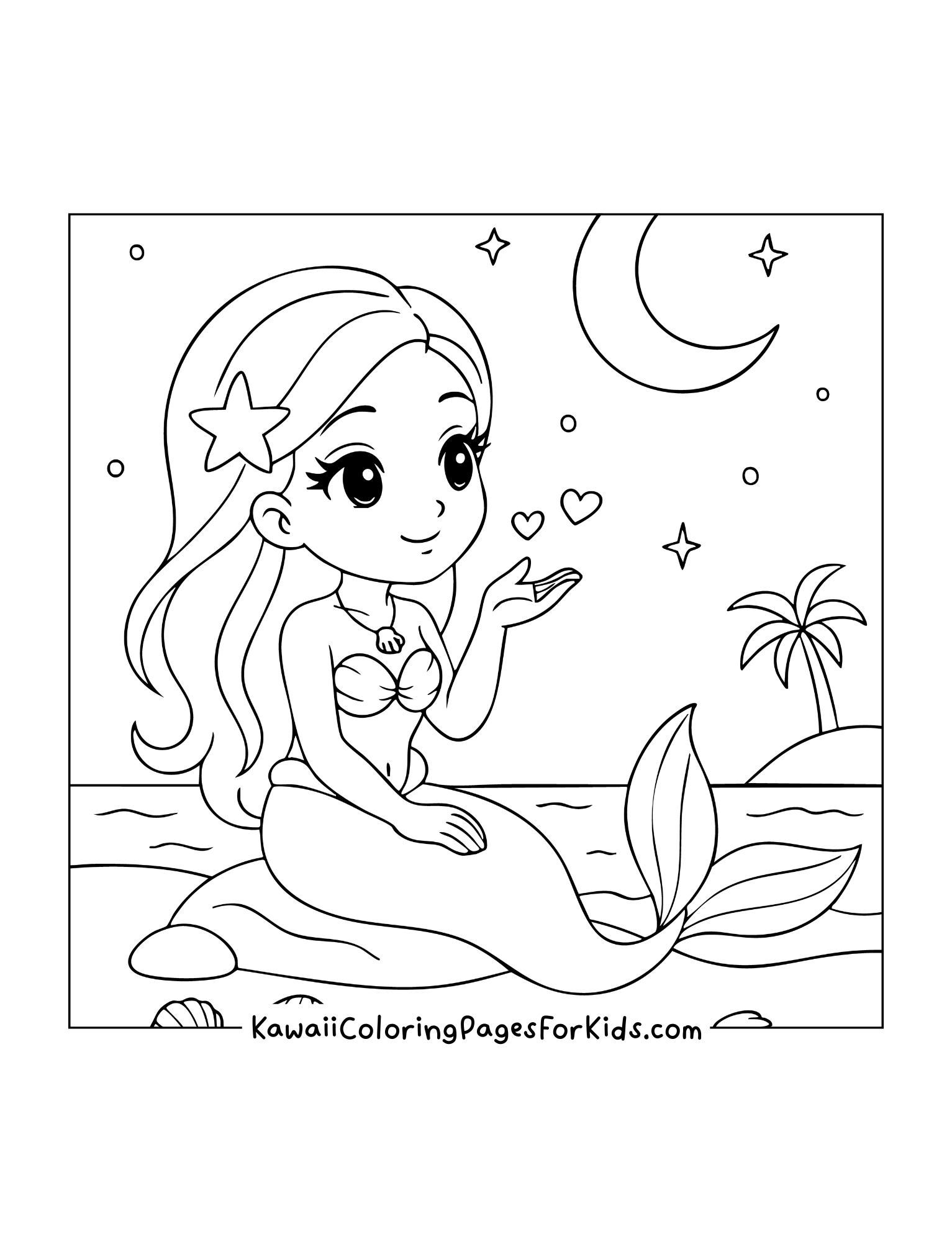 Mermaid sitting on a rock at night with the moon, stars, and palm tree in the background, blowing heart shapes.