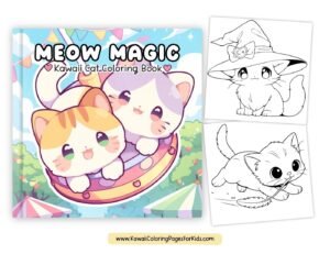 Cover of Meow Magic kawaii cat coloring book with two cute cartoon cats in a teacup ride; beside it are two black-and-white coloring pages of cats, one with a witch hat and one playing with a feather.
