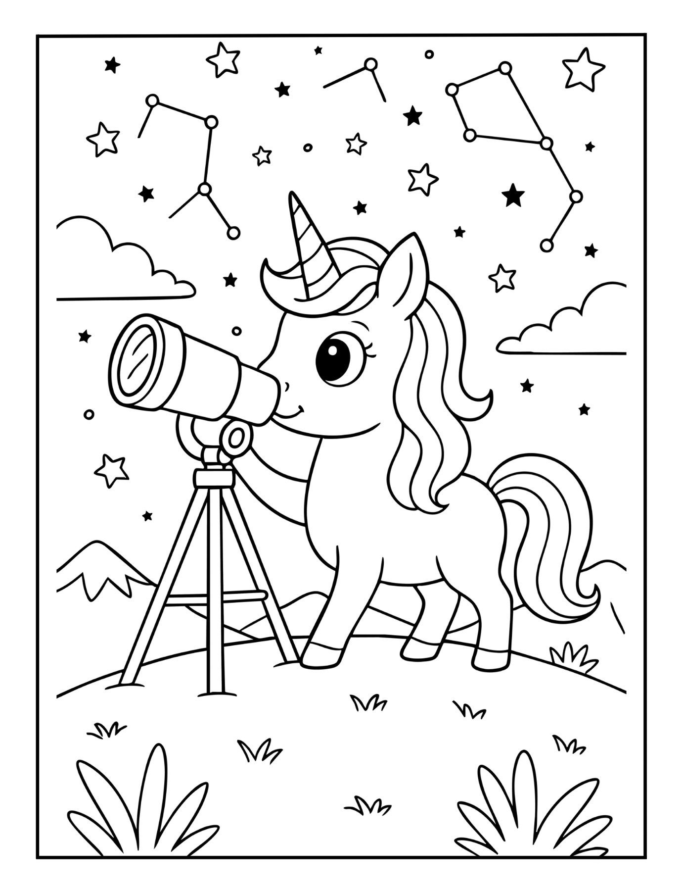 Magical unicorn coloring page of a unicorn using a telescope to look at constellations in the night sky.