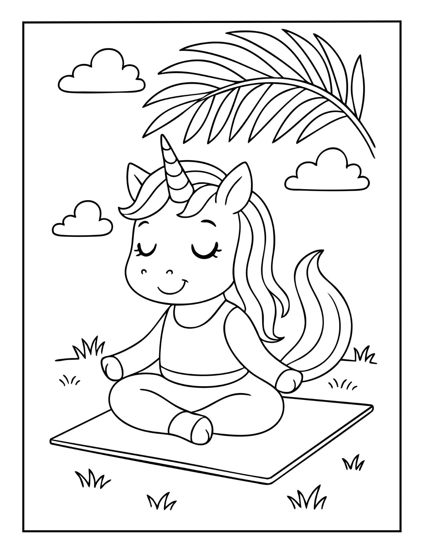 Relaxing unicorn coloring page of a unicorn meditating on a mat under palm trees and clouds.