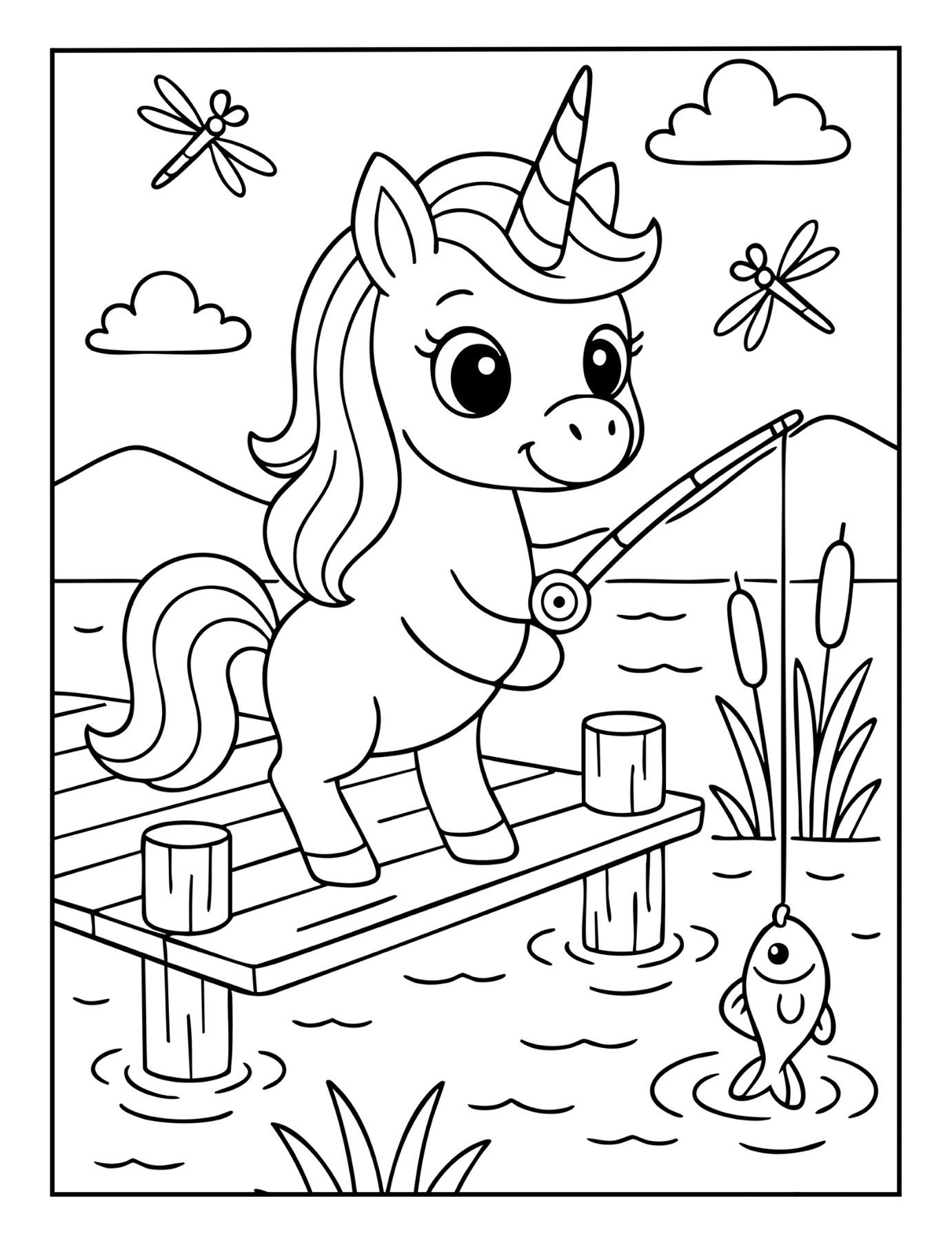 Cute unicorn coloring page of a unicorn fishing from a dock, catching a fish with dragonflies flying above.