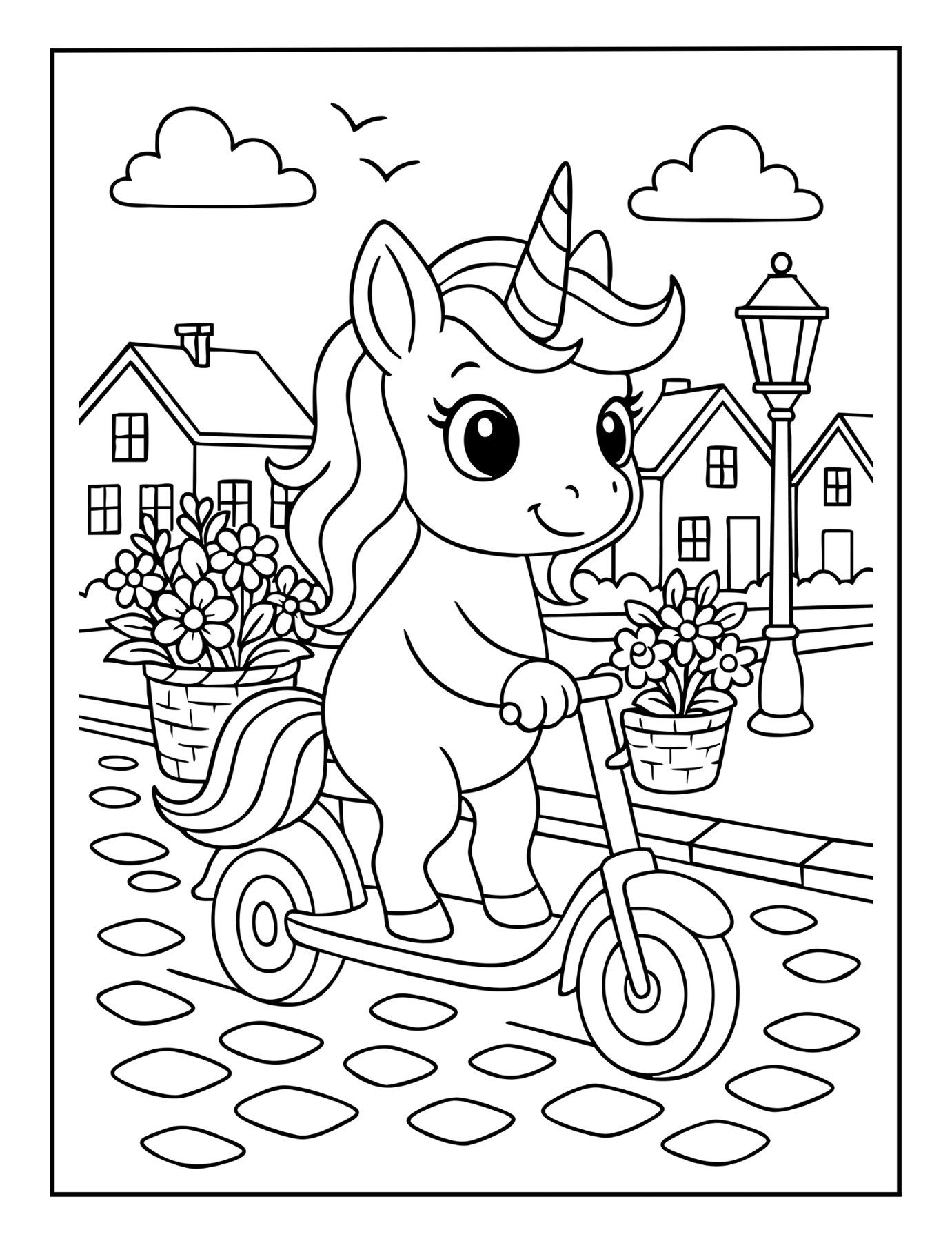 Adorable unicorn coloring page of a unicorn riding a scooter down a cobblestone street with flower baskets.