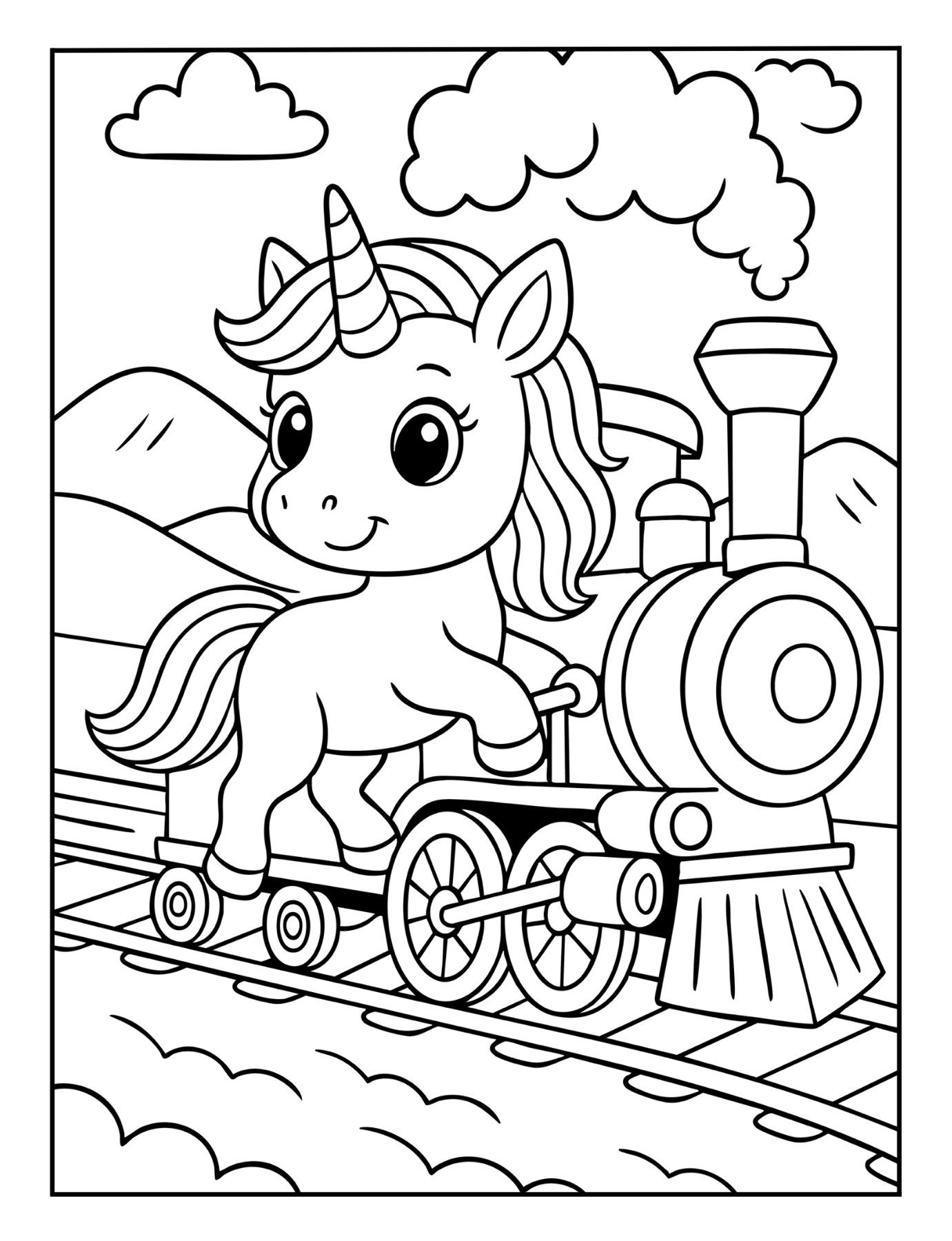Fun unicorn coloring page of a unicorn riding on a steam train through the mountains.