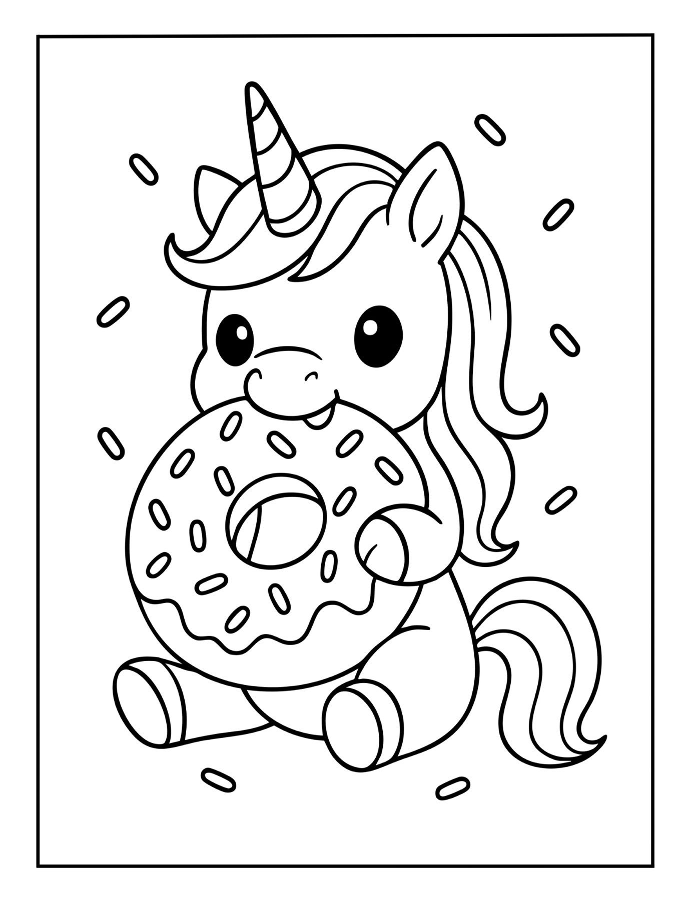 Cute unicorn coloring page of a unicorn happily eating a giant sprinkled donut.