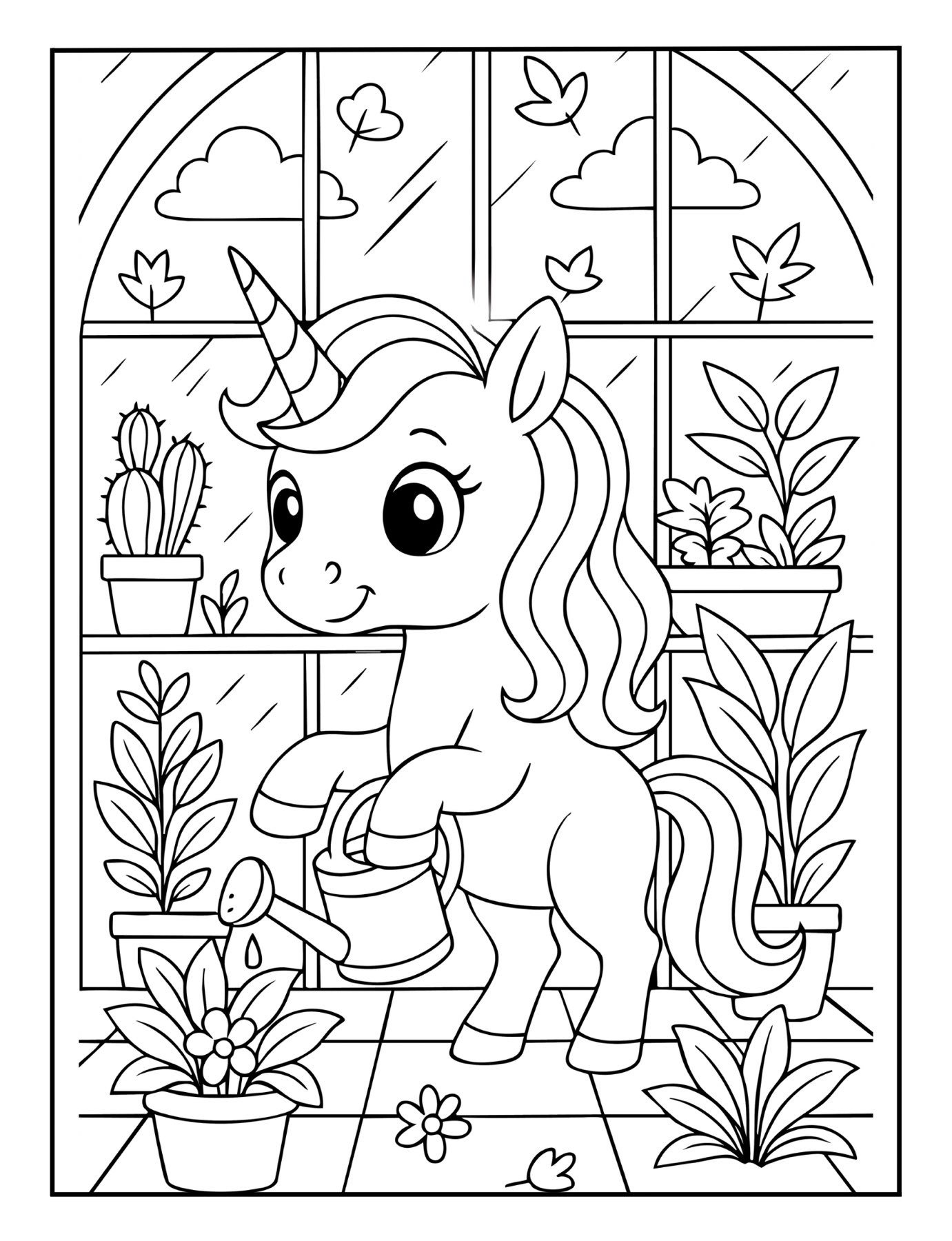 Printable unicorn coloring page of a unicorn watering flowers in a greenhouse with plants all around.
