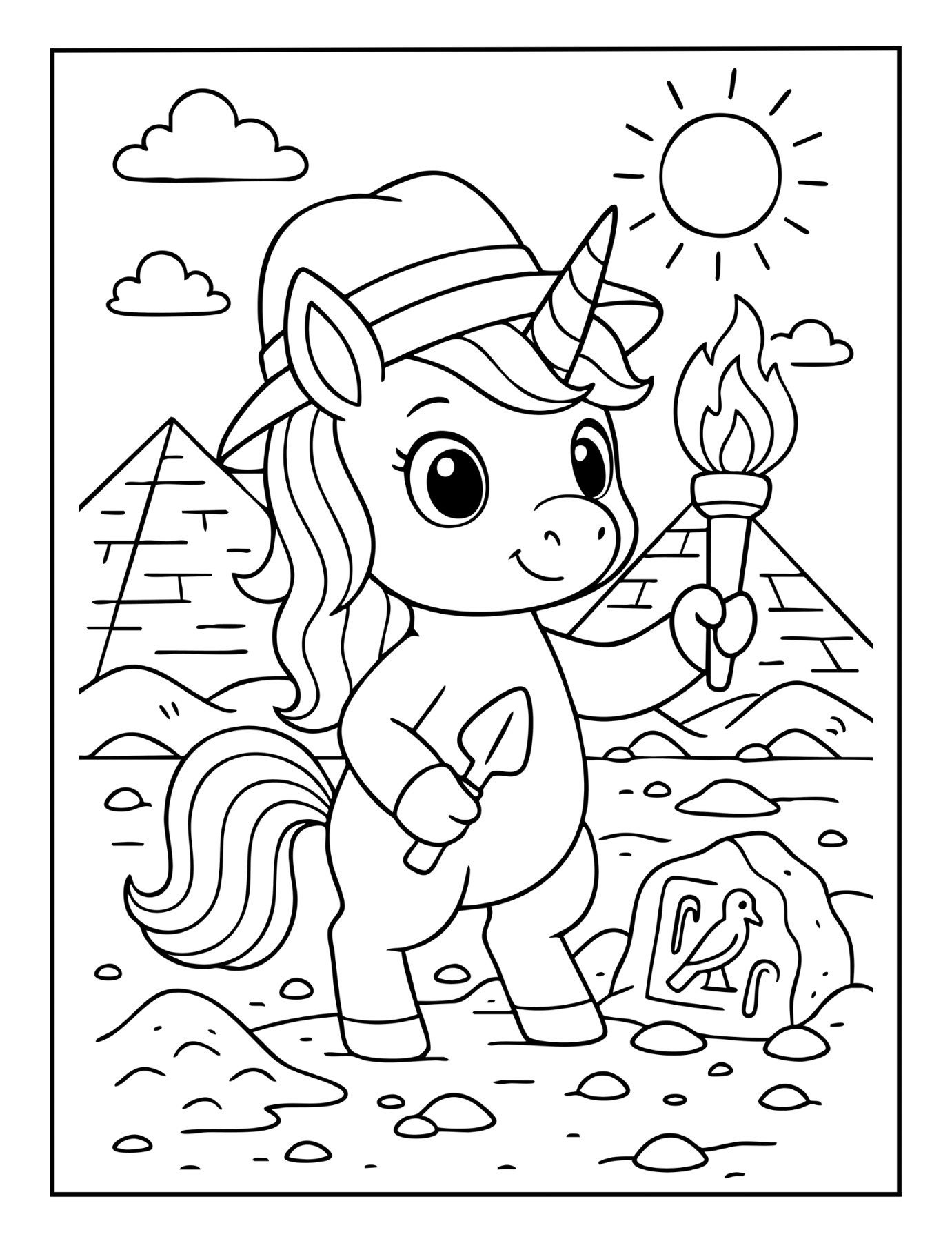 Fun unicorn coloring page of a unicorn explorer with a hat and torch near pyramids and hieroglyphs.