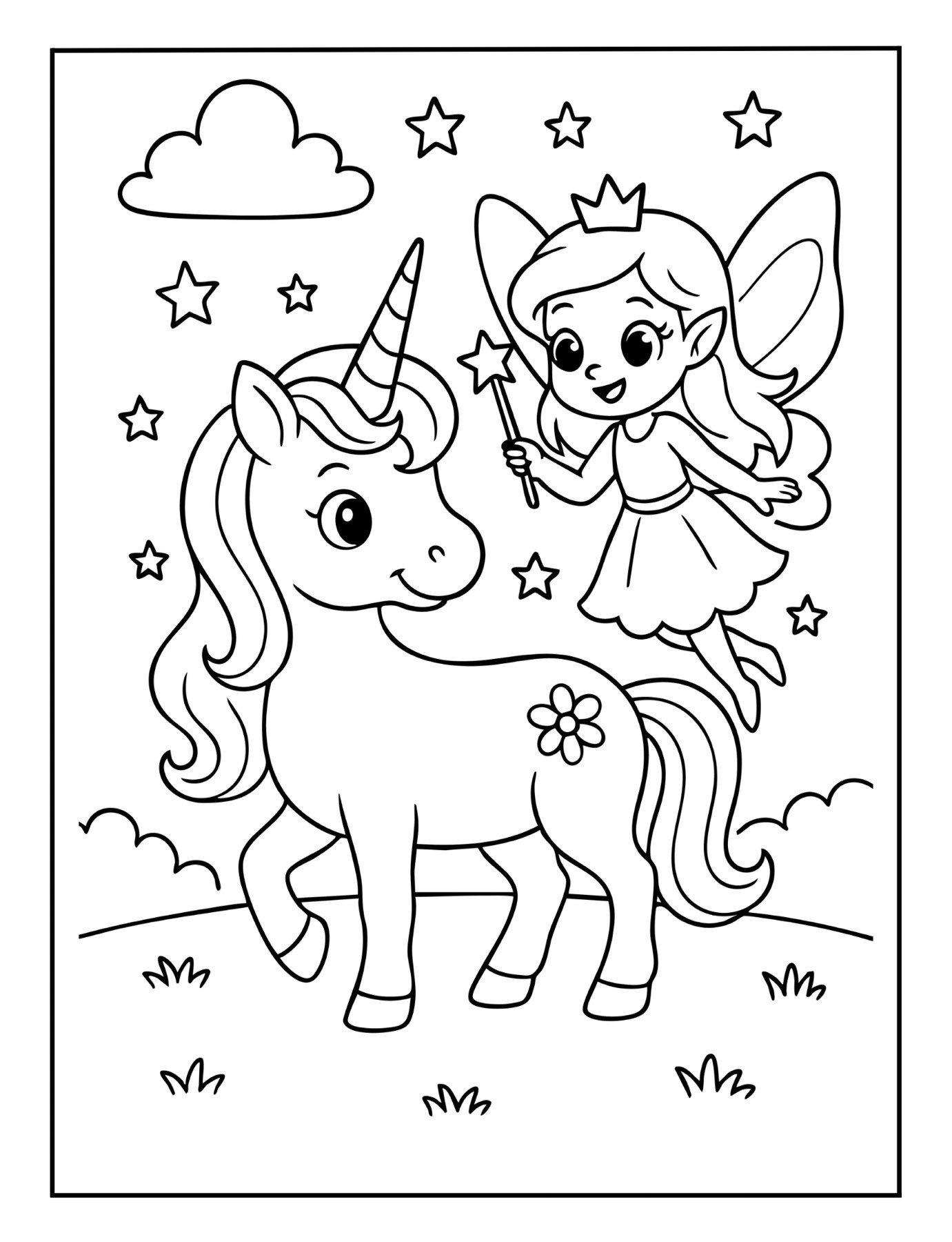 Adorable unicorn coloring page of a unicorn with a fairy wearing a crown and holding a magic wand under the stars.